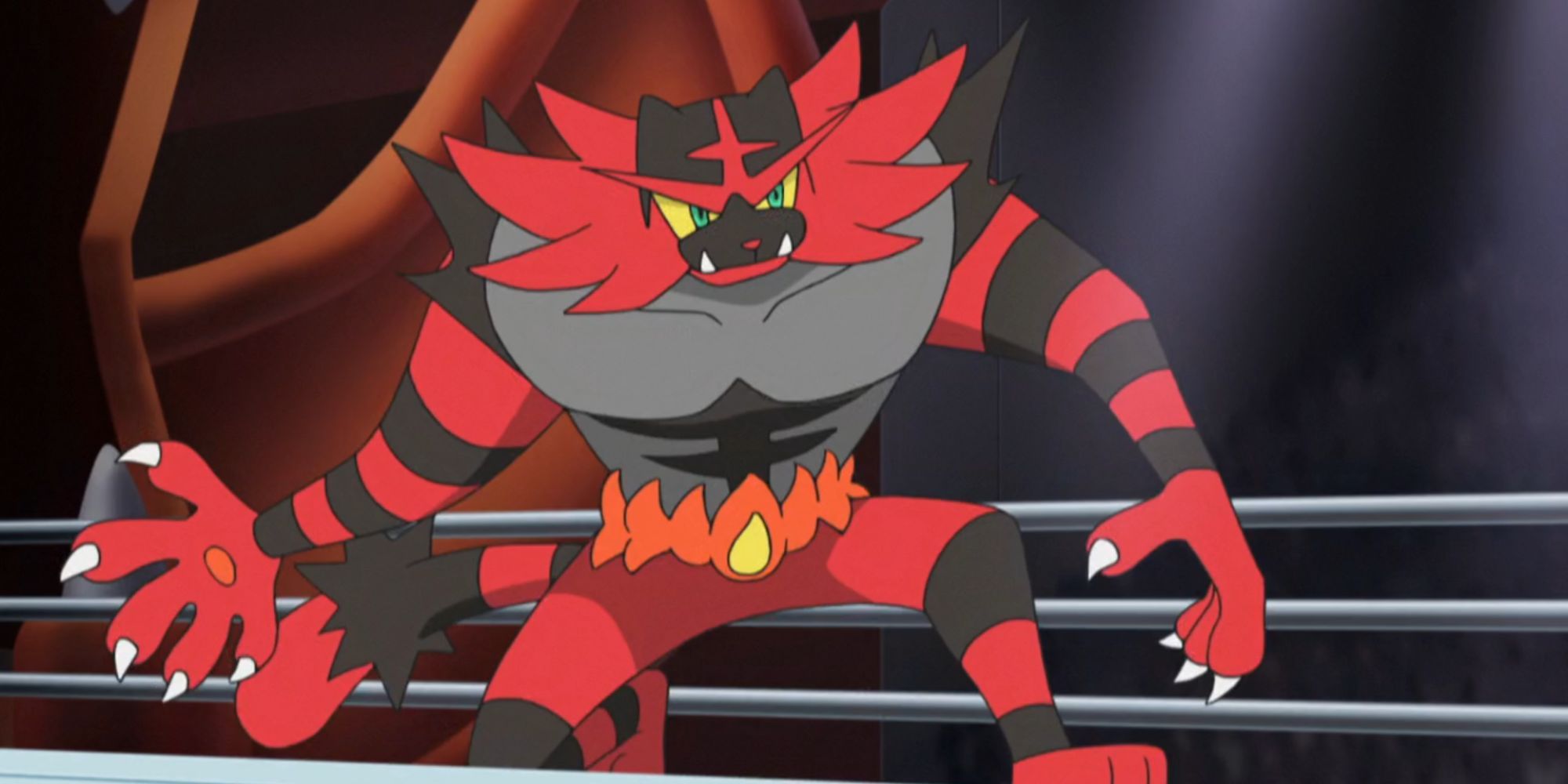 Pokemon: Incineroar prepares to attack in a wrestling ring