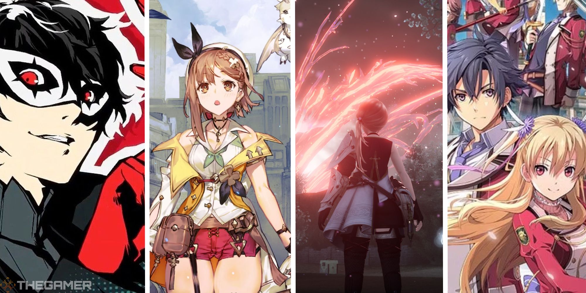 split image with persona, atelier, harvestella, and trails of cold steel