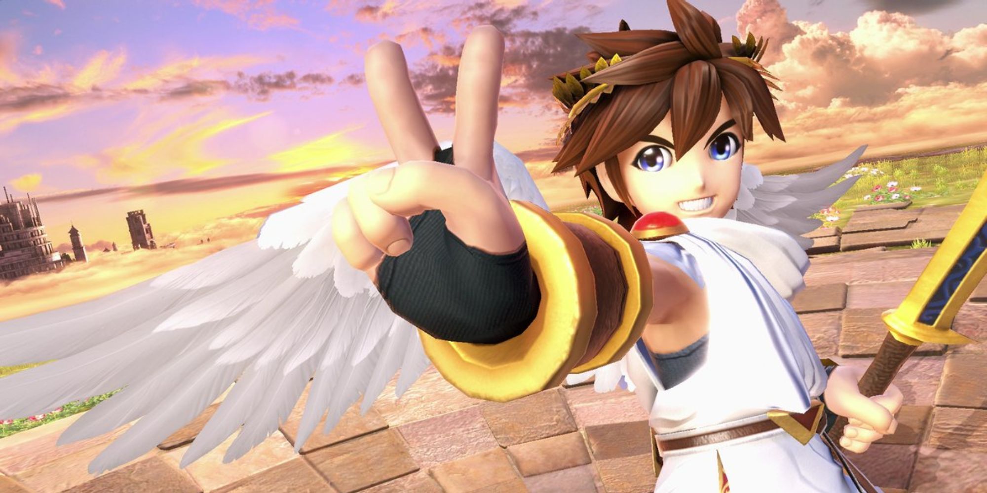 Pit's victory pose in Super Smash Bros. Ultimate.