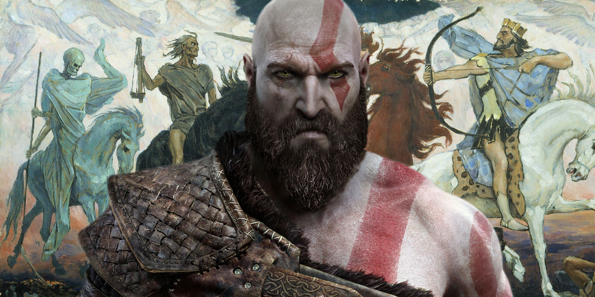 Kratos in front of the Four Horsemen of the Apocalypse