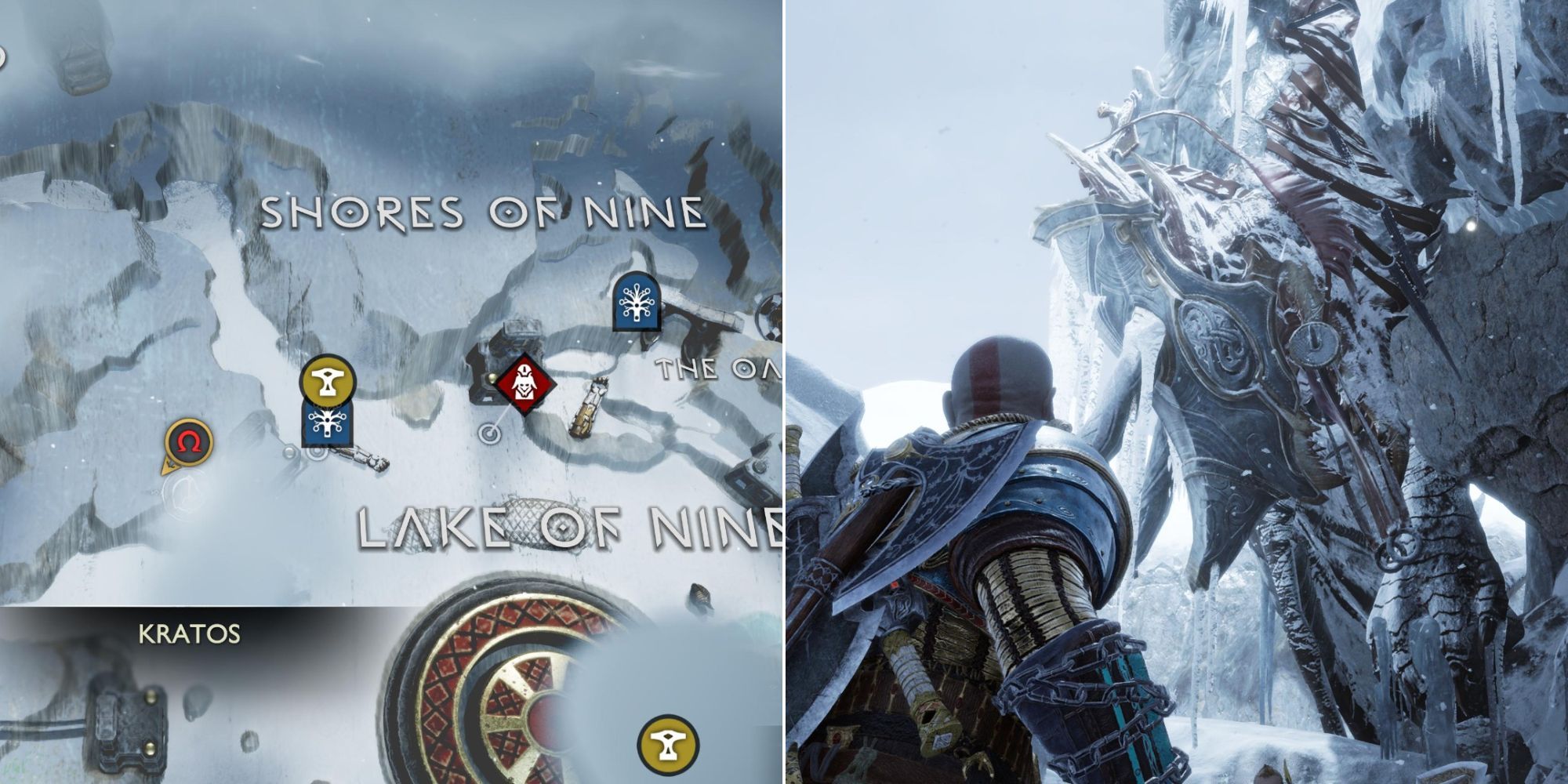 Two photos. The left one is a location at the Lake of Nine where you can find Baldur's mount. The right photo is Kratos looking up at the frozen mount.