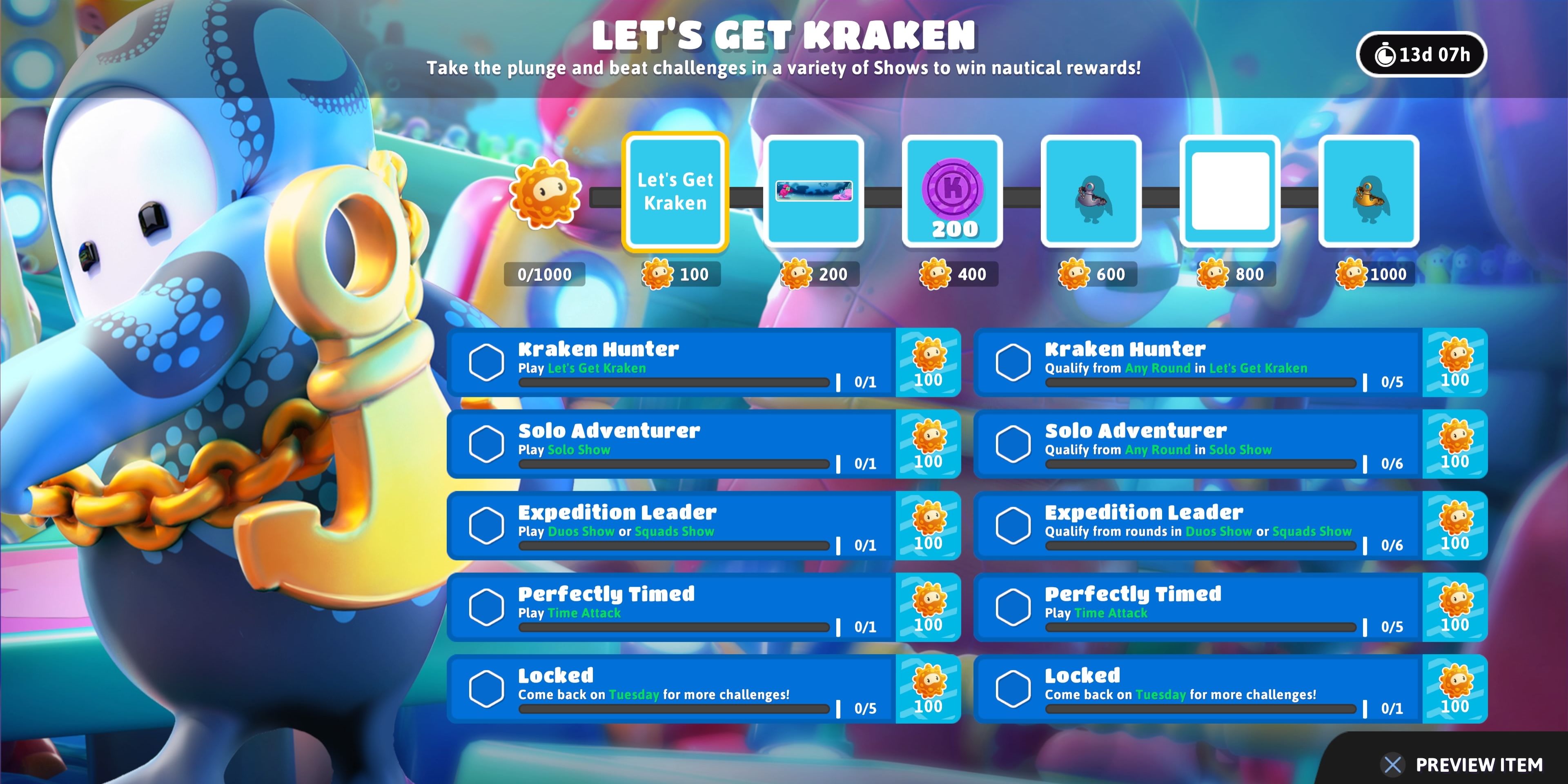 The Fall Guys Let's Get Kraken Event screen showing all challenges and rewards