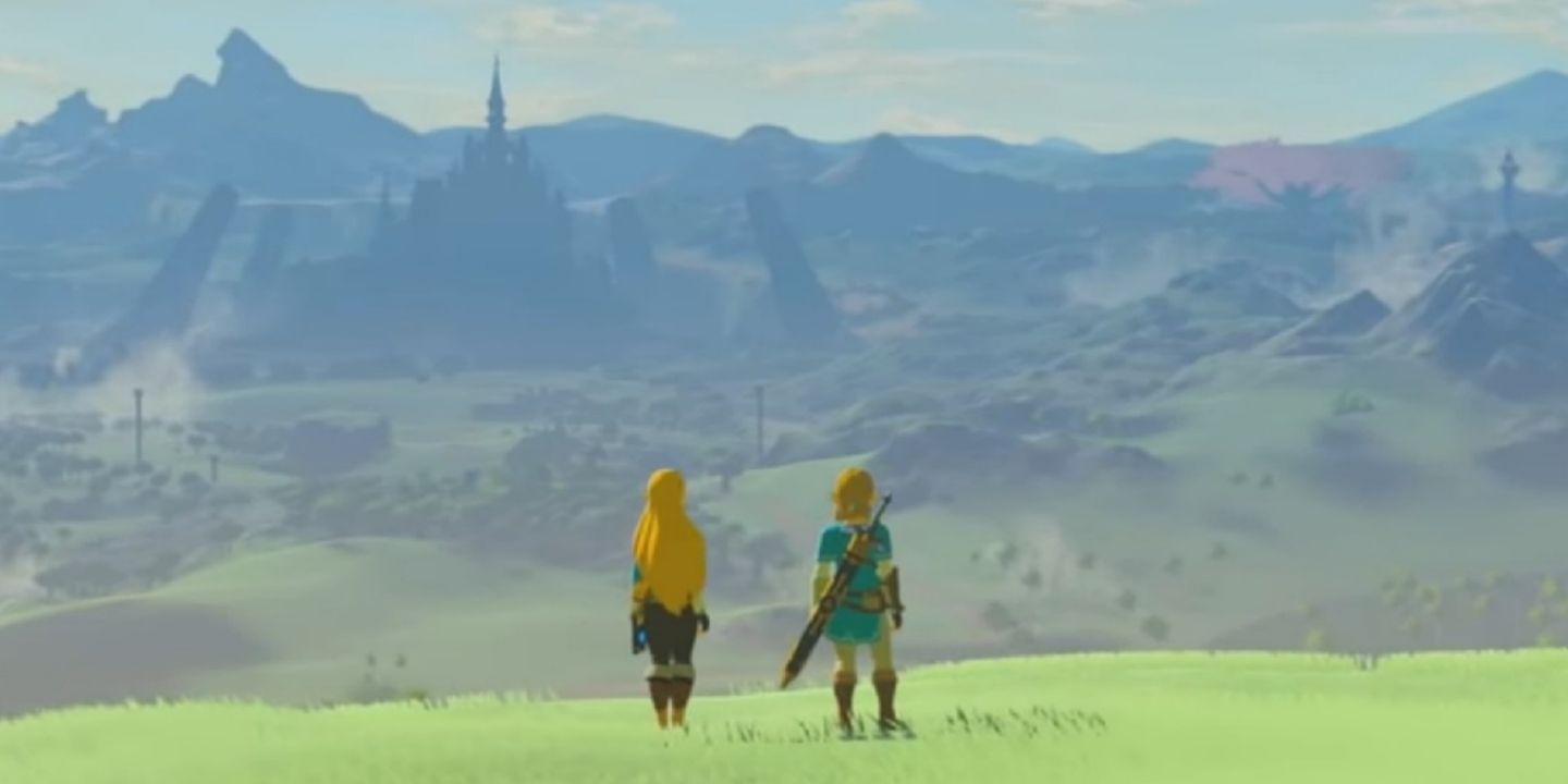 Zelda and Link looking out at Hyrule in Breath of the Wild's ending.