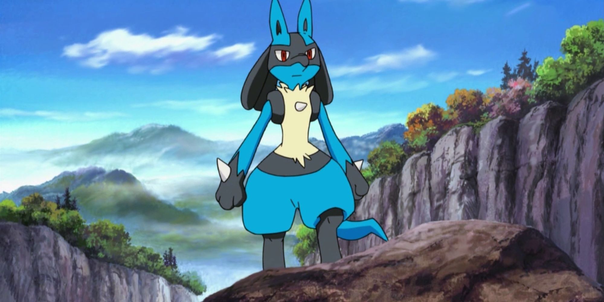 Lucario stands on a rock in front of a mountain
