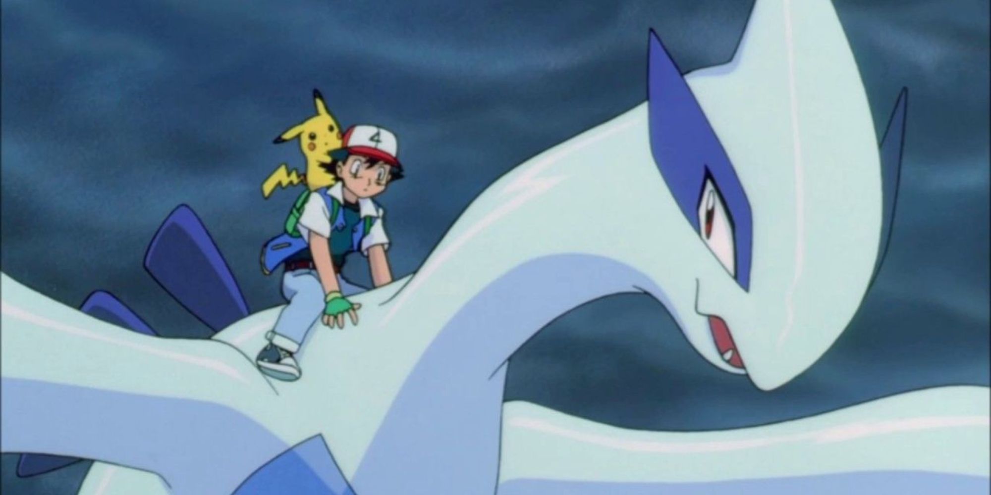 Ash and Pikachu ride on Lugia's back during a dark night
