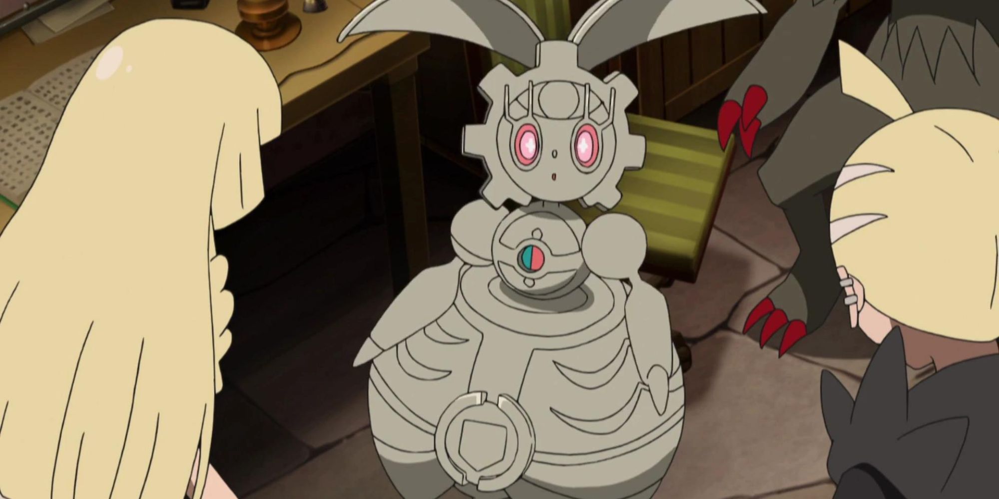 Magearna looks up at Lillie and Gladion