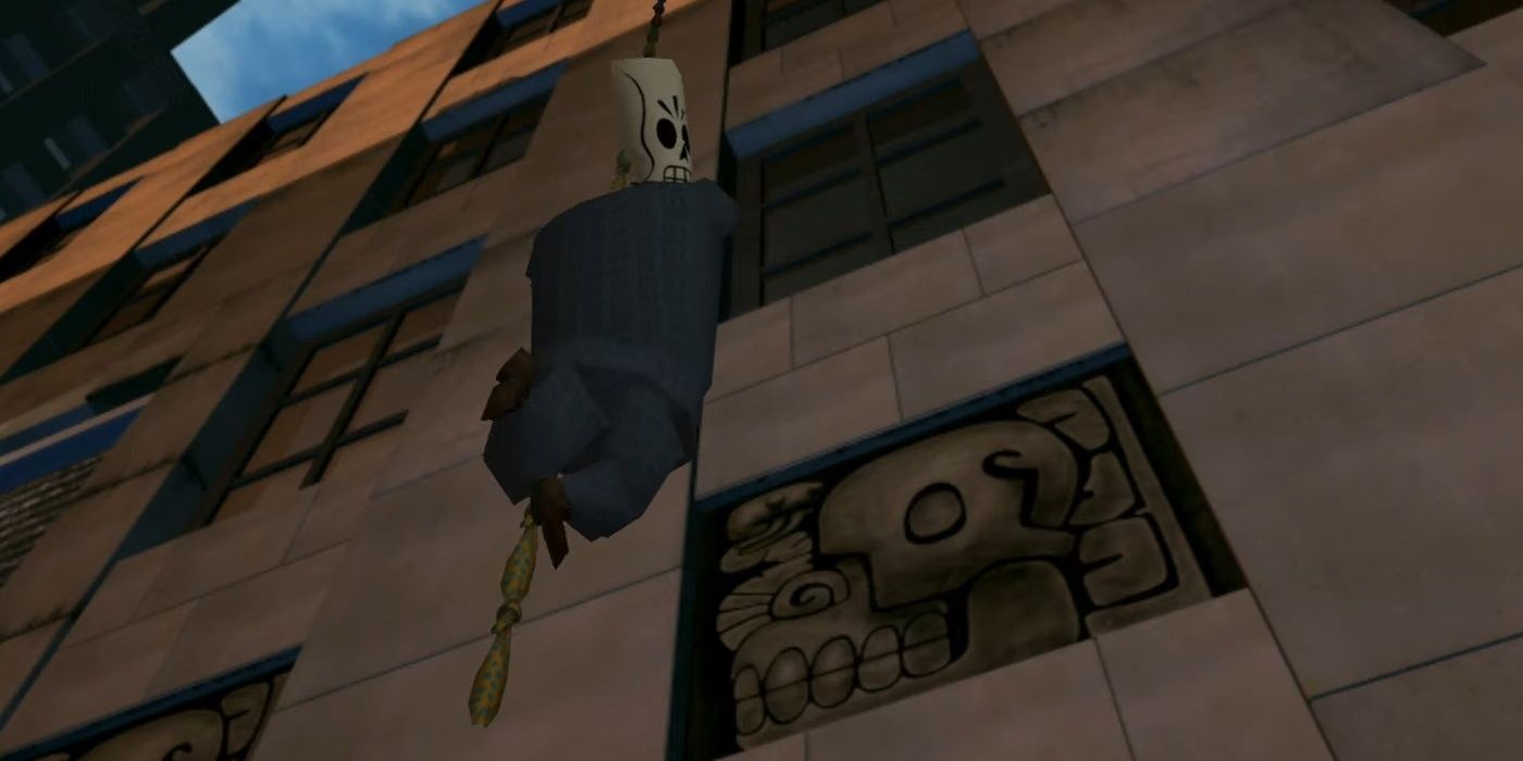 Manny climbing down a rope in the first part of Grim Fandango.