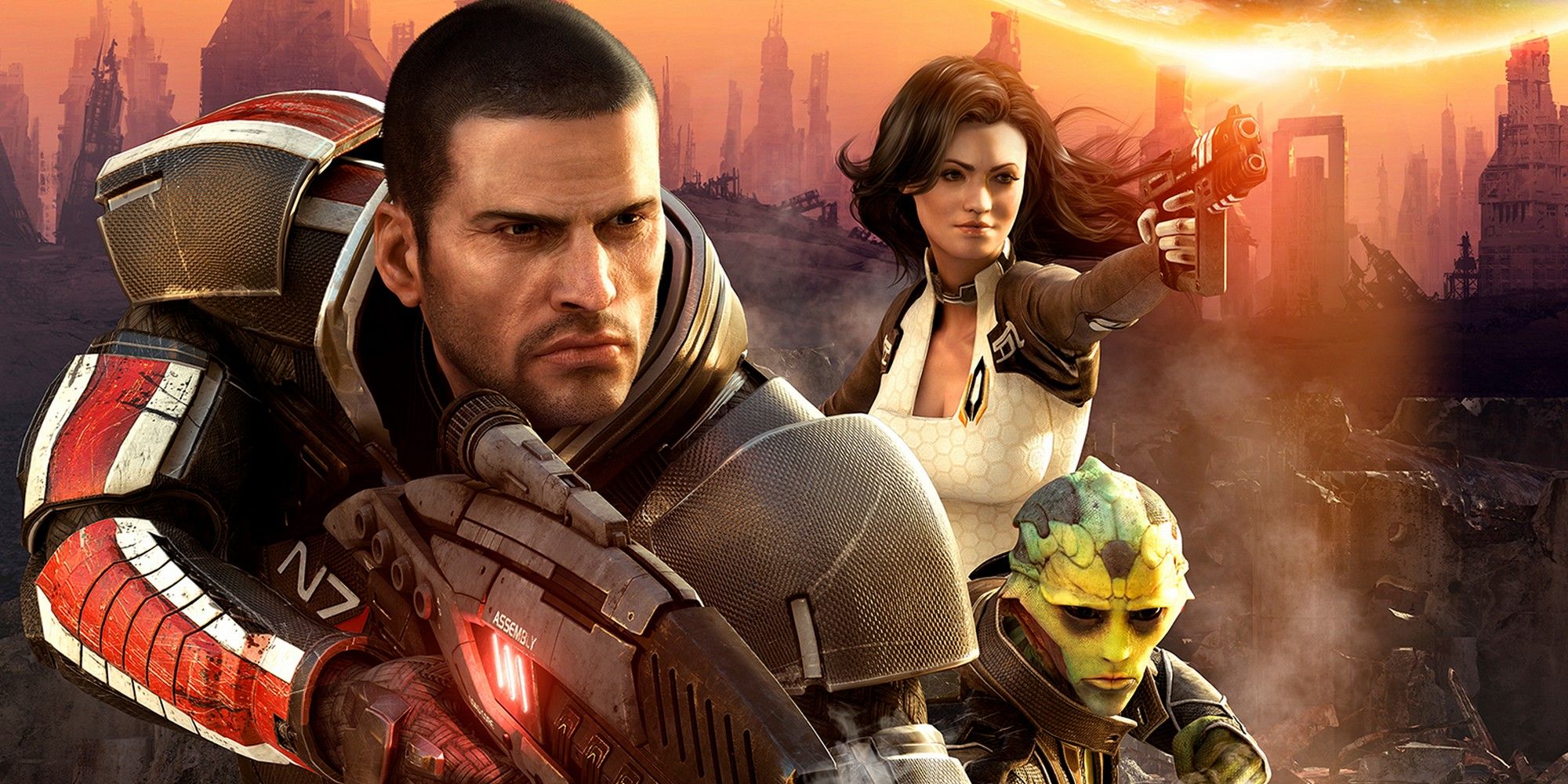 Mass Effect 2 Commander Shepard and co in front of the ruins of a city in the game