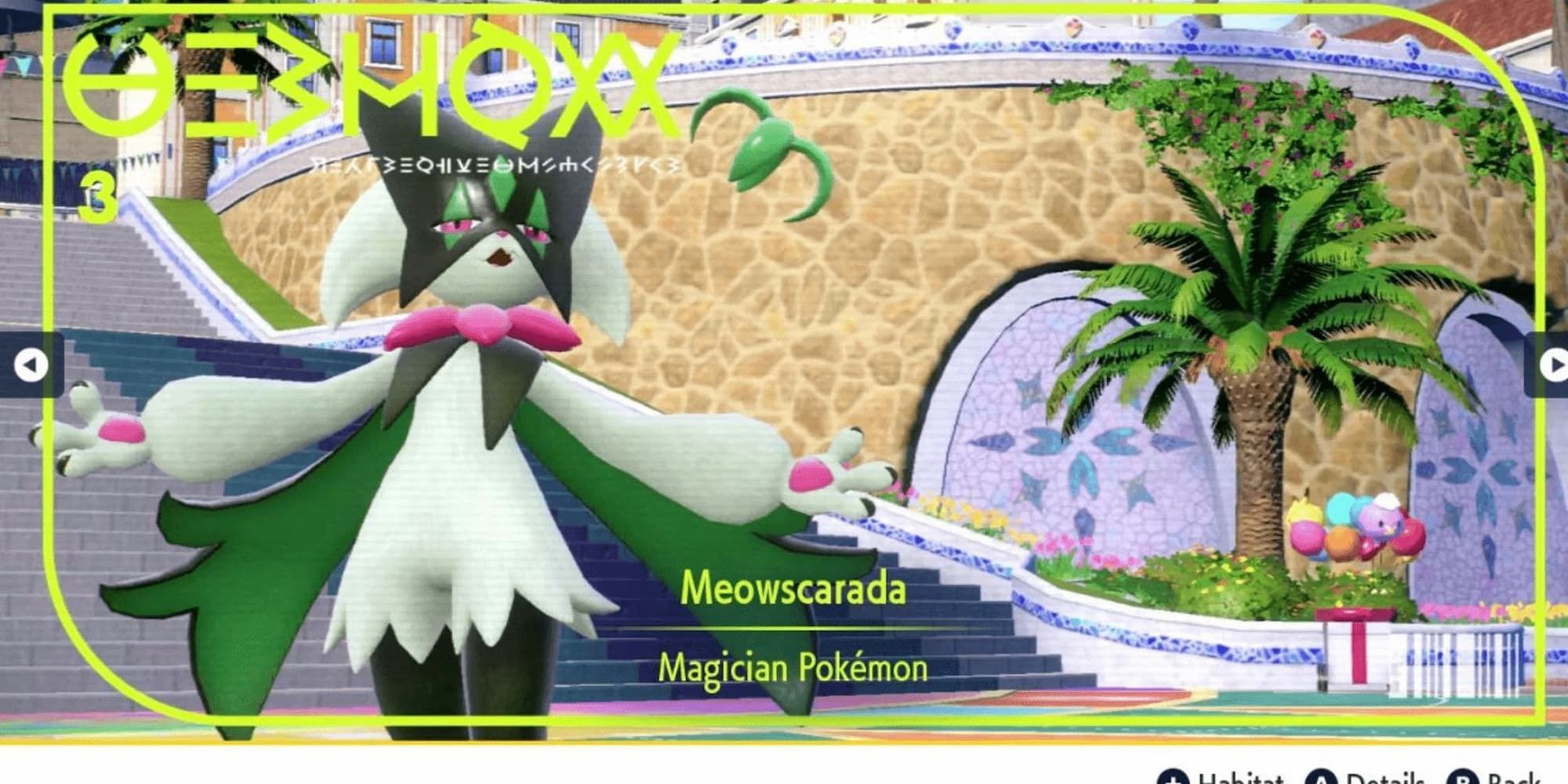 Meowscarada's Pokedex image indicates it is the Magician Pokemon as it stands in a town square performing.