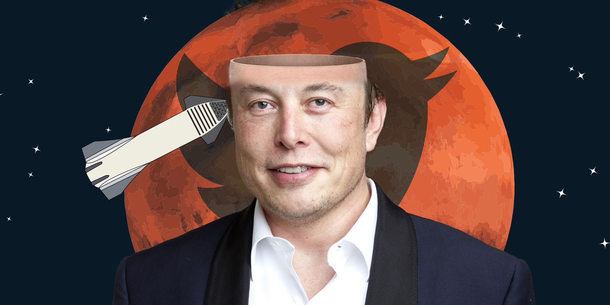 elon musk with an empty head, twitter, and a rocket