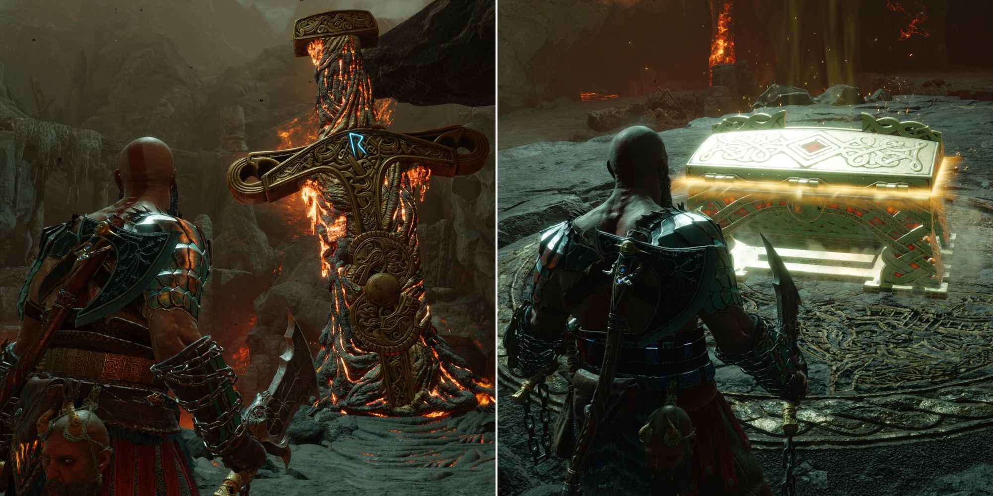 Split image of Kratos in Muspelheim. The left photo is Kratos standing next to a fiery sword you interact with to begin a trial, The right photo is Kratos standing next to a legendary chest earned from completing a trial.