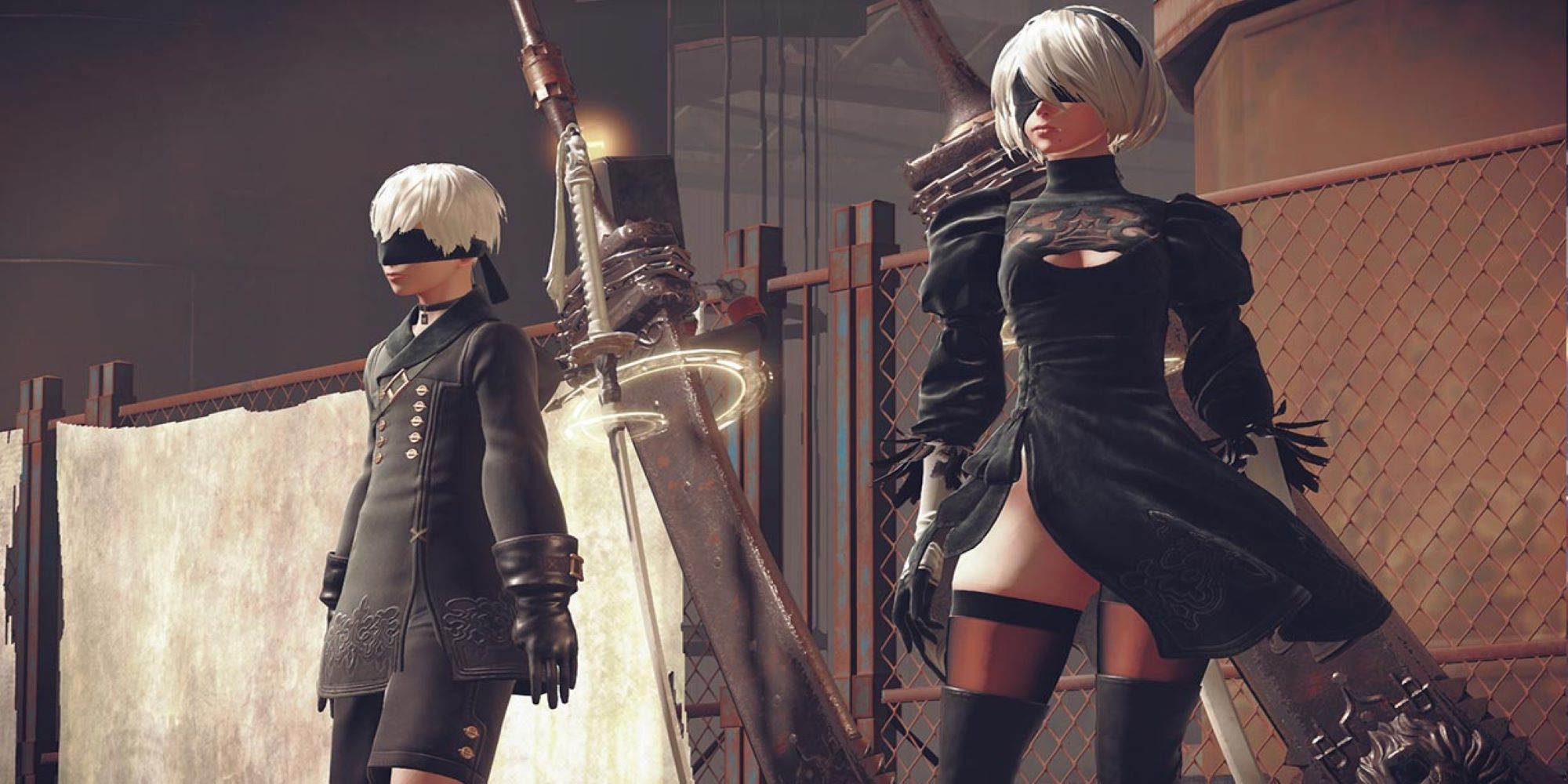 Nier Automata Screenshot of Two Protagonists Standing Side-By-Side