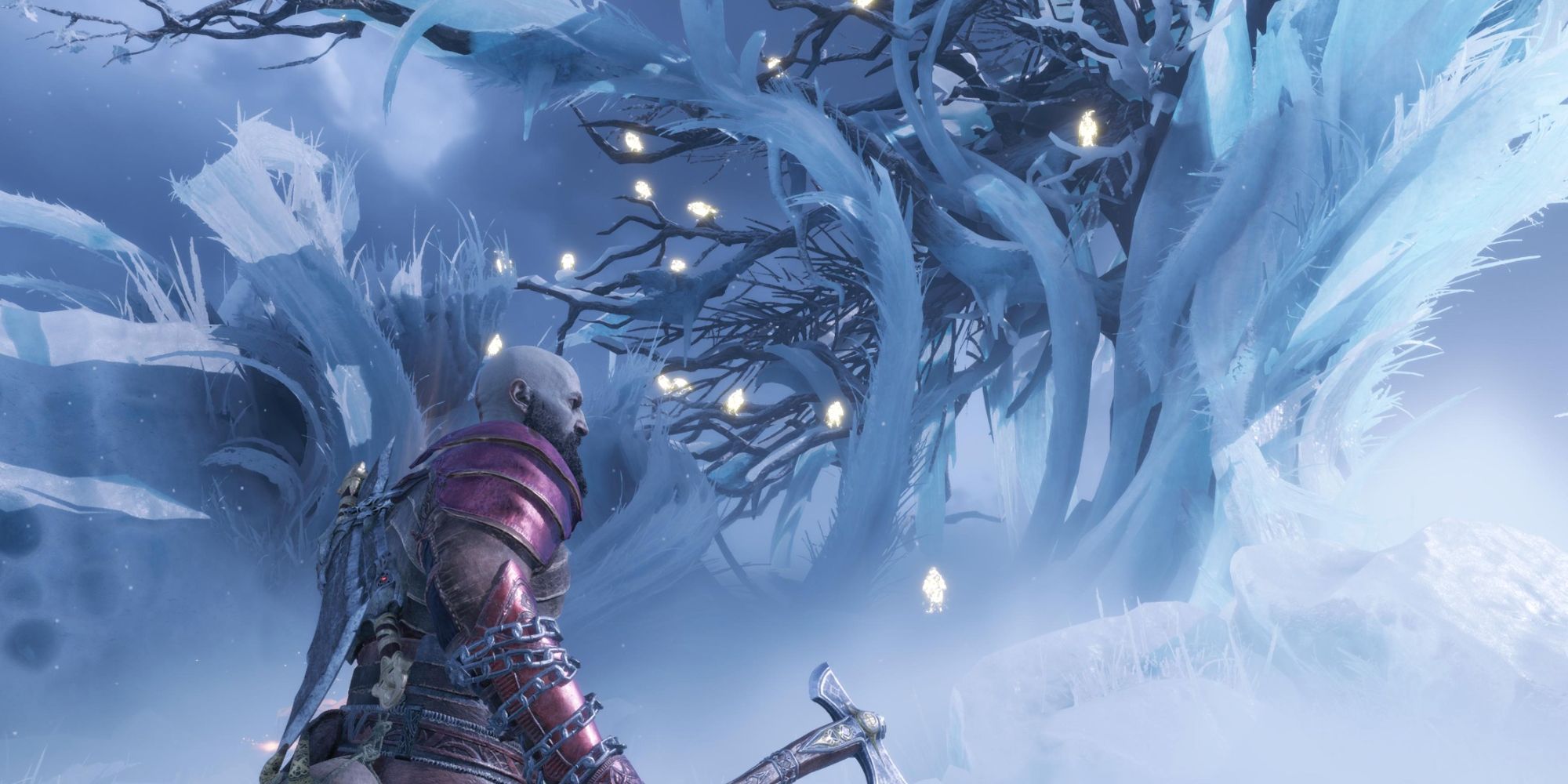 Kratos standing beneath the Raven Tree where slain Odin's ravens go.