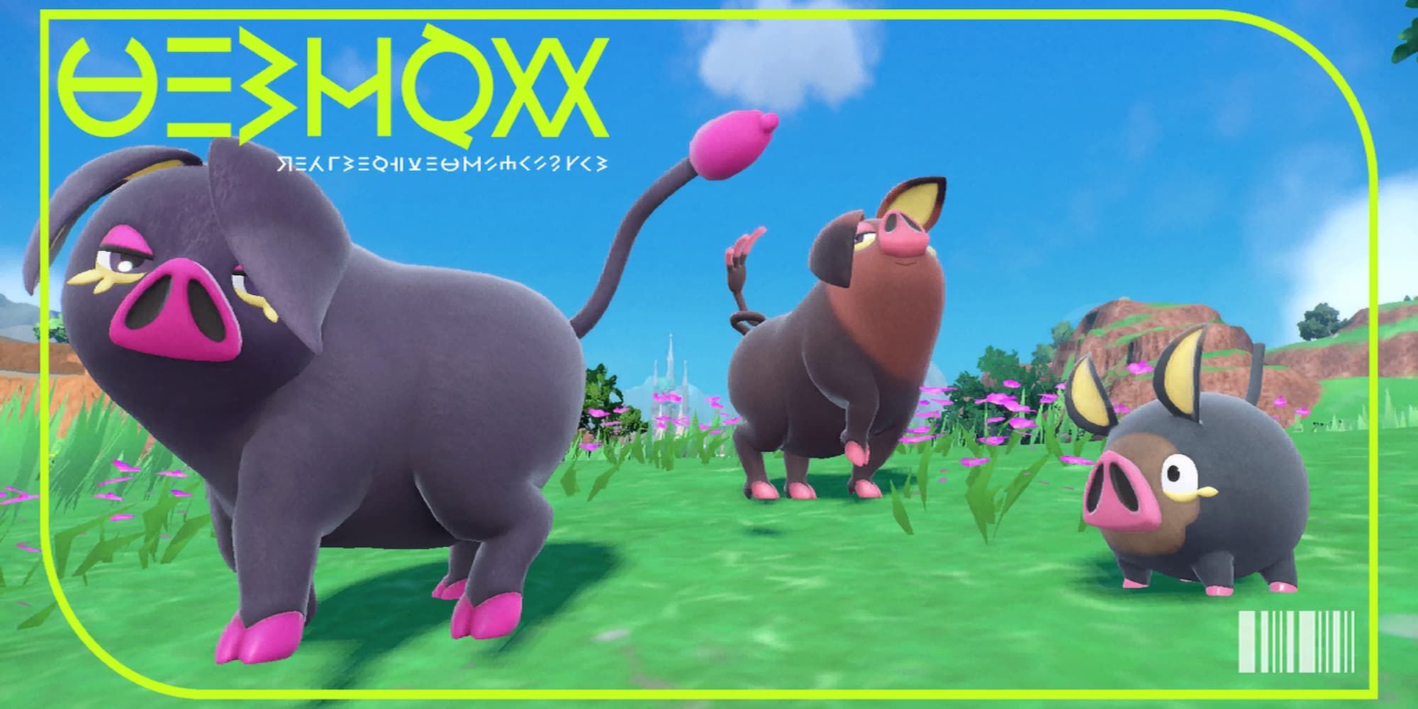 Oinkologne in both forms, and a Lechonk, stand in a field of flowers in the Scarlet & Violet Pokedex entry image.