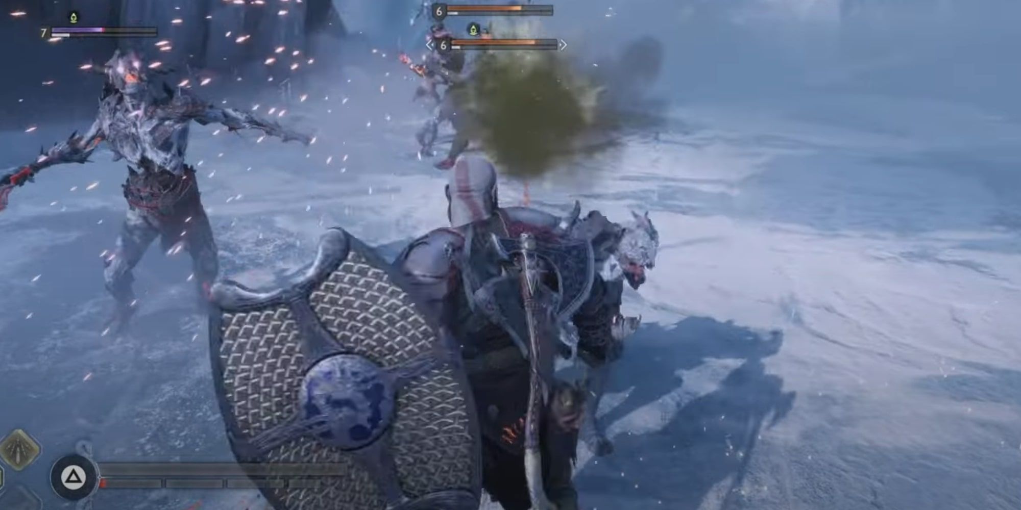 God Of War Ragnarok Onslaught Shield, Kratos fighting several Draugr