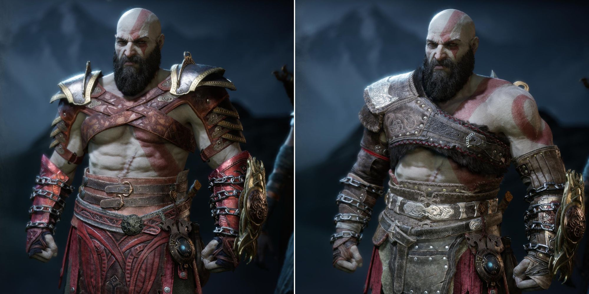 Two photos showing Kratos wearing different armor. The left photo is a red outfit piece focusing on shoulder protection. The right is the armor you begin the game with; a basic brown chest piece that covers the right shoulder.