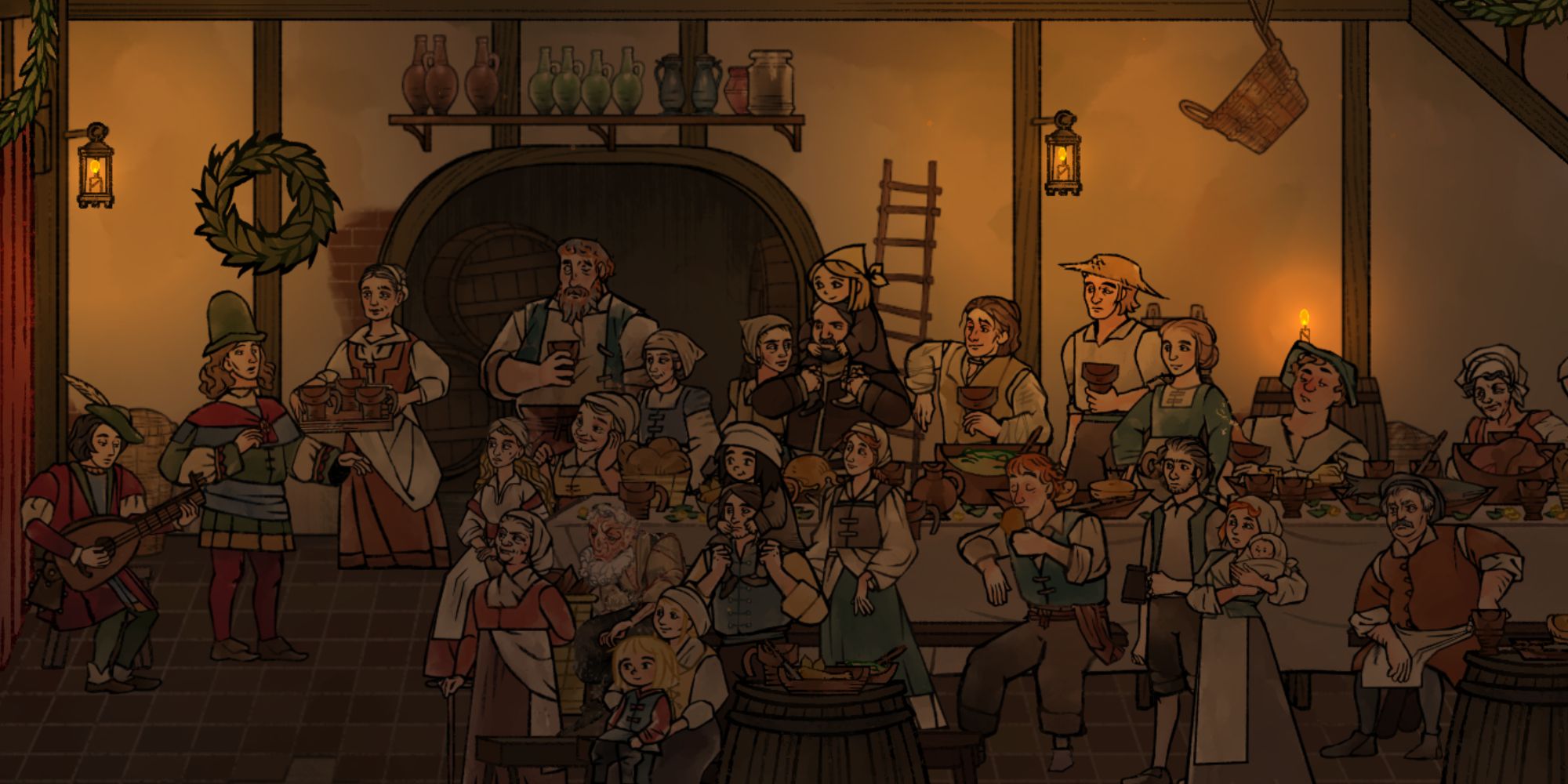Pentiment - Tassing villagers gather for Christmas in Act 3 at the Golden Hand inn