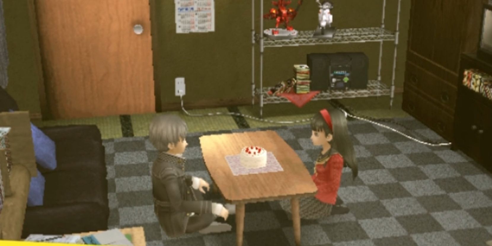 Persona 4 screenshot of Yu and Yukiko sitting at a table together looking at each other.