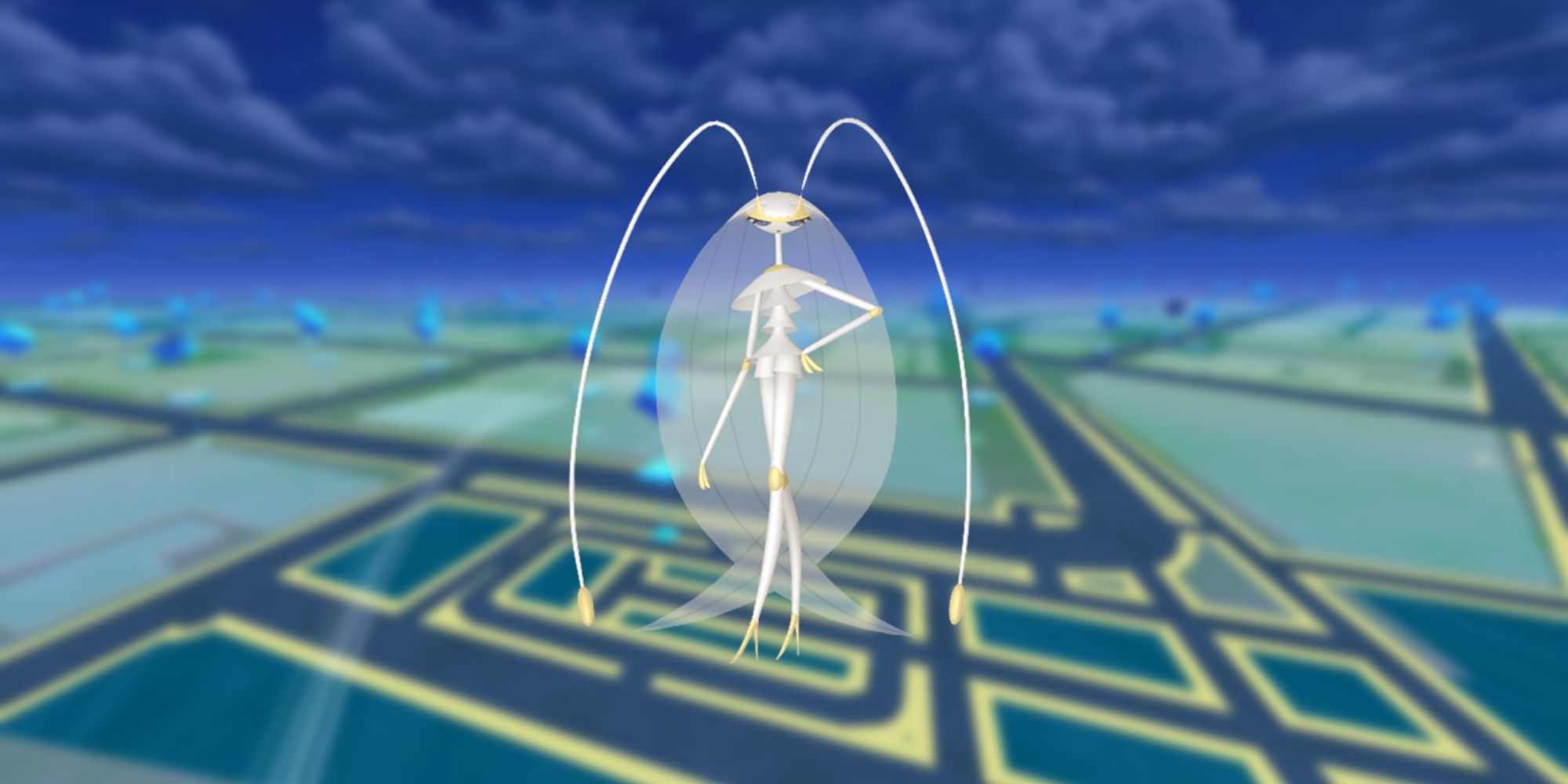Pheromosa from Pokemon with the Pokemon Go map as the background