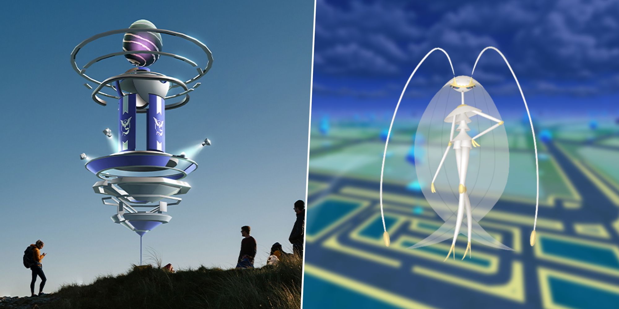 Image of a Pokemon Go Raid split with an image of Pheromosa from Pokemon