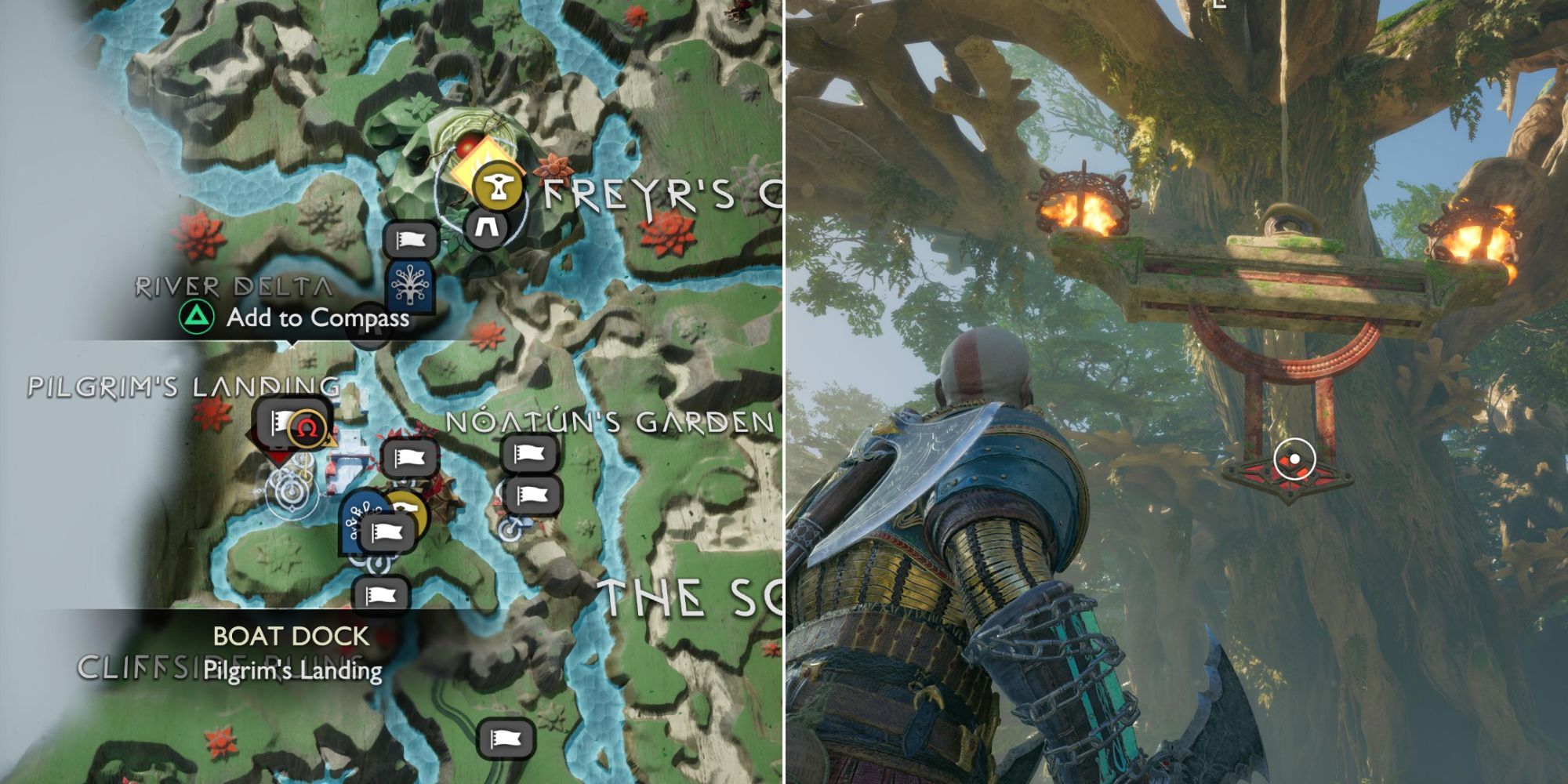 Two photos. The left is the Vanaheim map showing the location of Pilgrim's landing. The right photo is Kratos looking up at a solved brazier puzzle. The two braziers are alight, and are hanging from a tree.