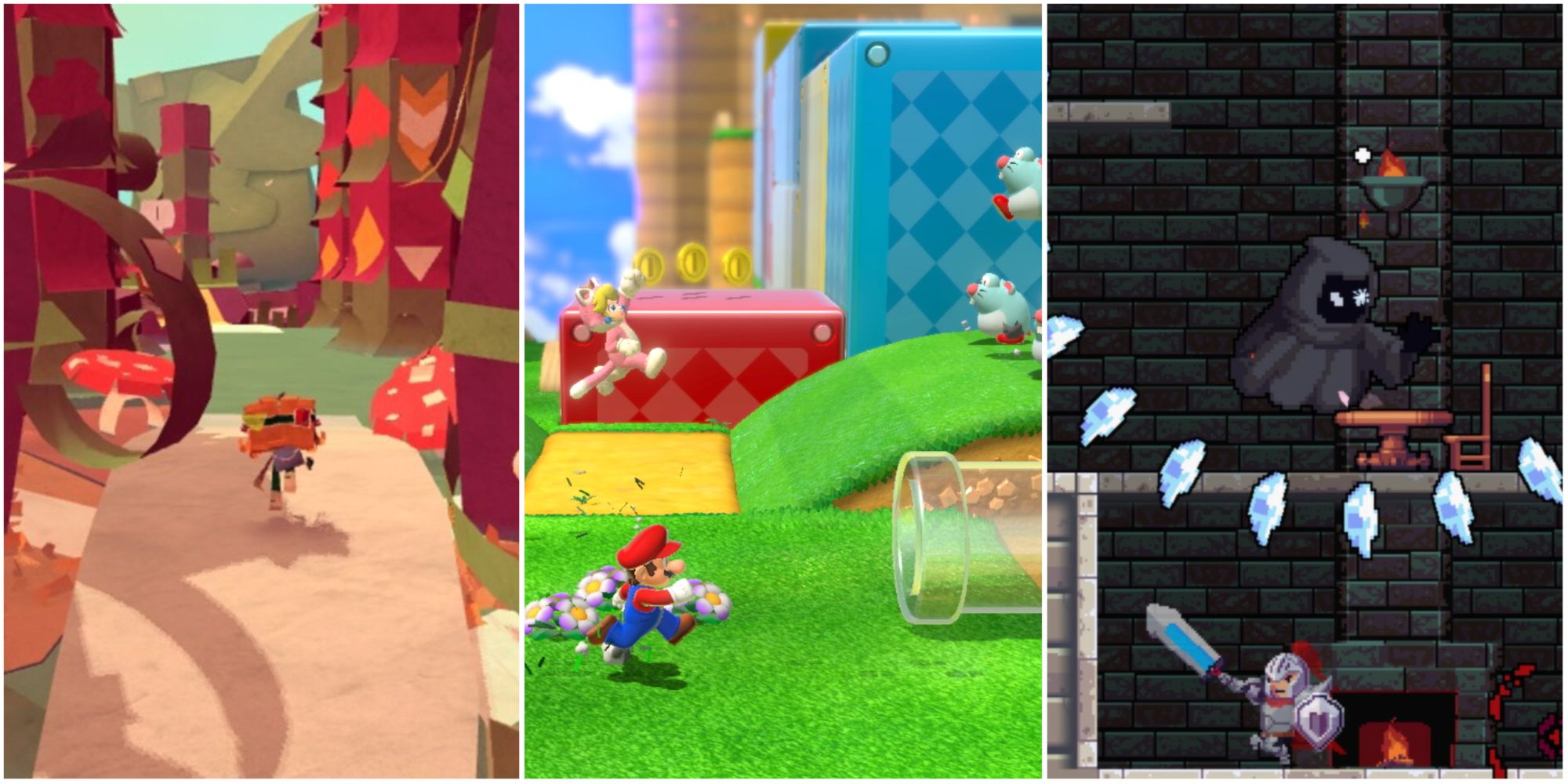 Collage of Platformers Turning 10 Years Old In 2023 featuring Tearaway, Super Mario 3D World, and Rogue Legacy