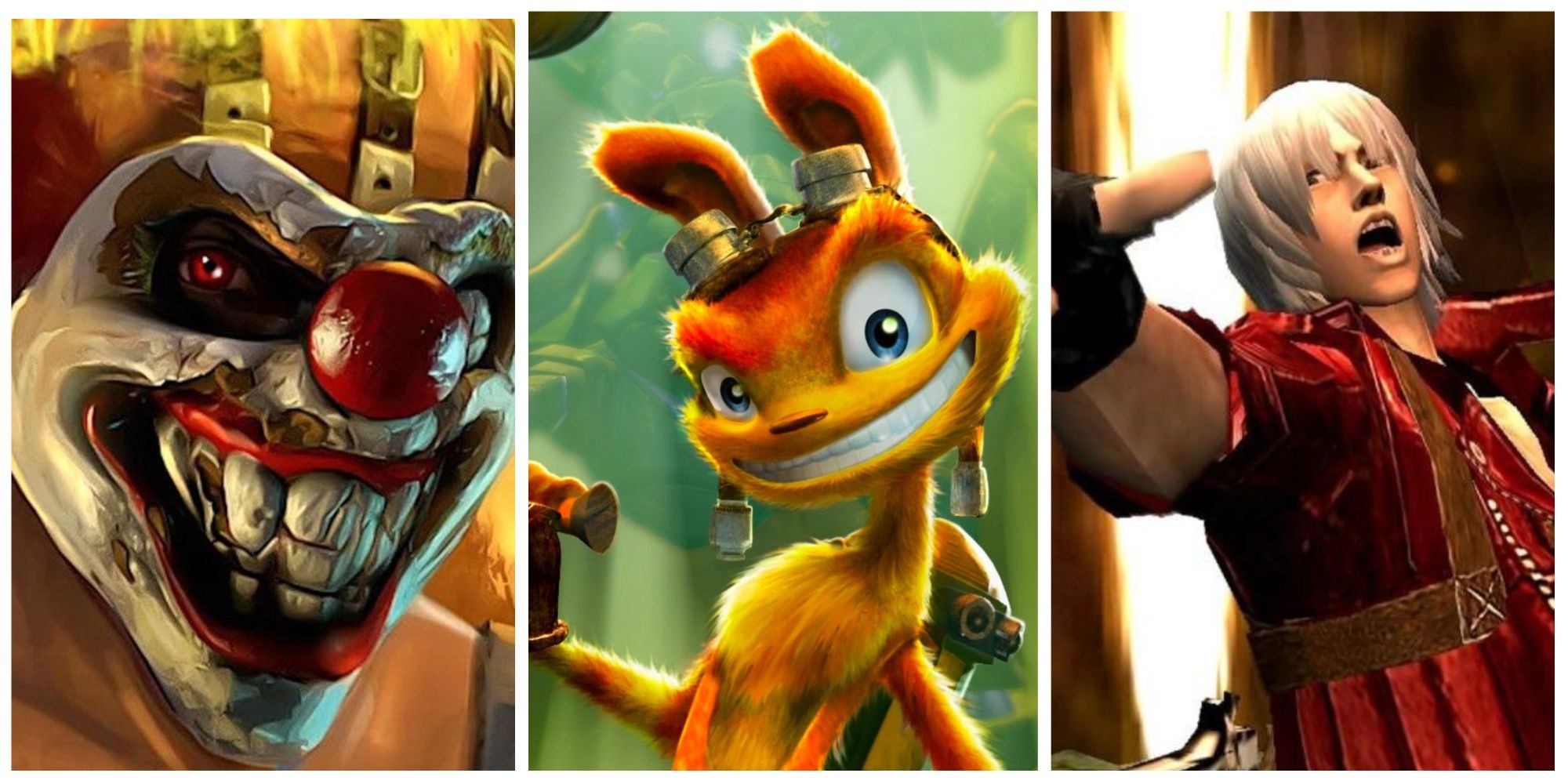 Collage of characters featuring Sweet Tooth from Twisted Metal, Daxter from Jak and Daxter, and Dante from Devil May Cry