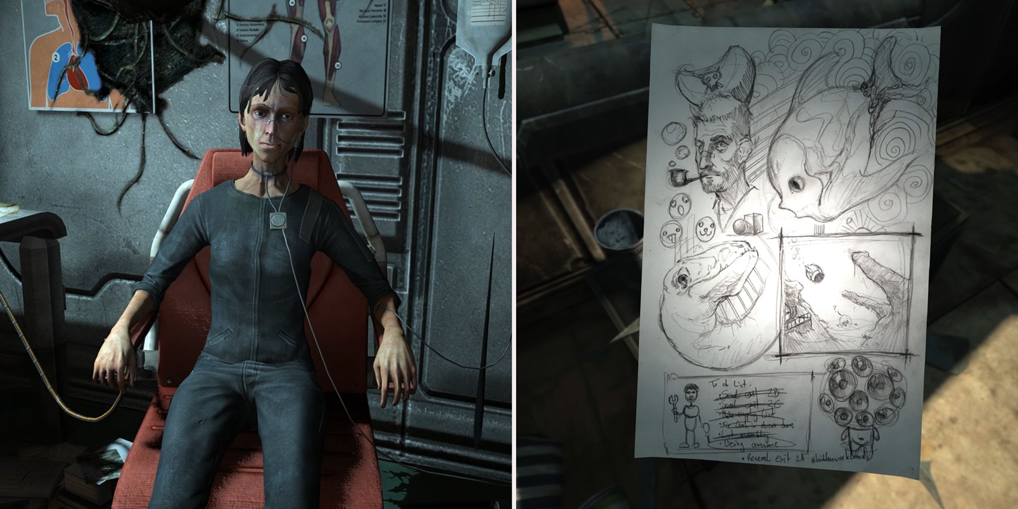 Soma split image. On the left, a character sat in a chair with tubes coming out of her nose. On the right are hand-drawn sketches on a white sheet of paper.