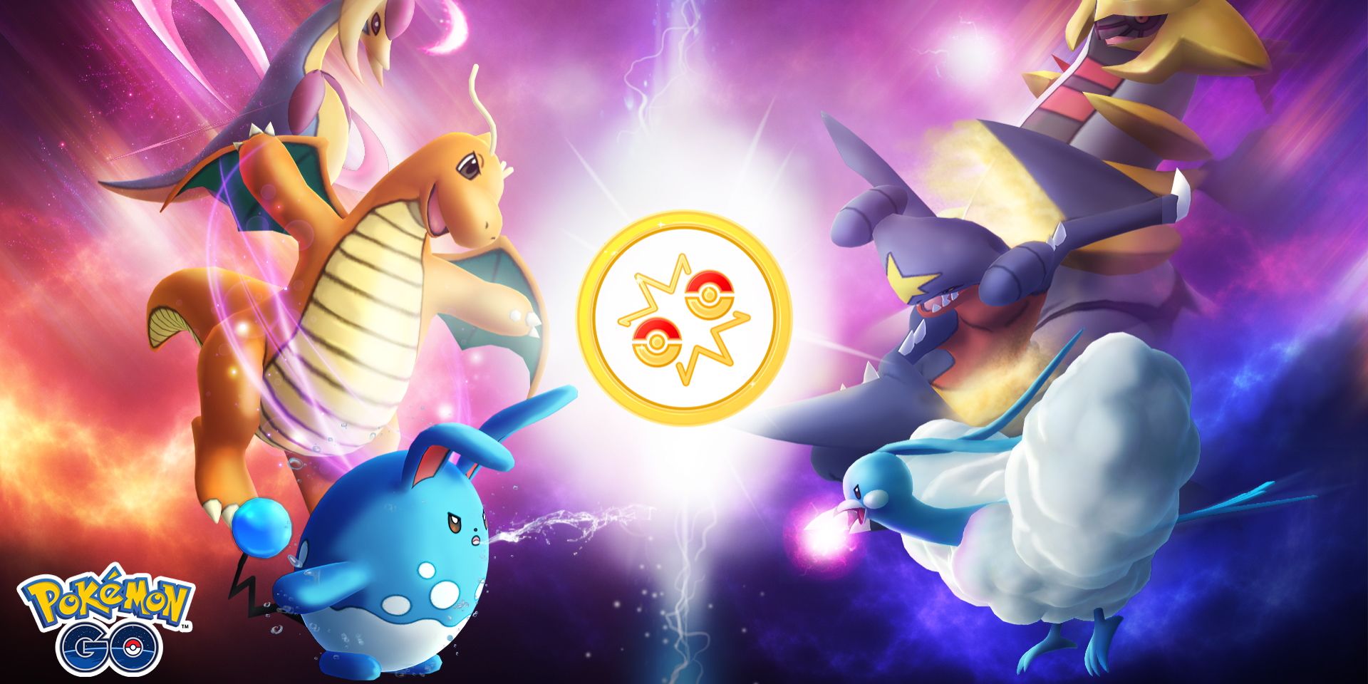 Sechs verschiedene Pokémon stehen sich im Kampf gegenüber, mit dem Go Battle League-Symbol in der Mitte