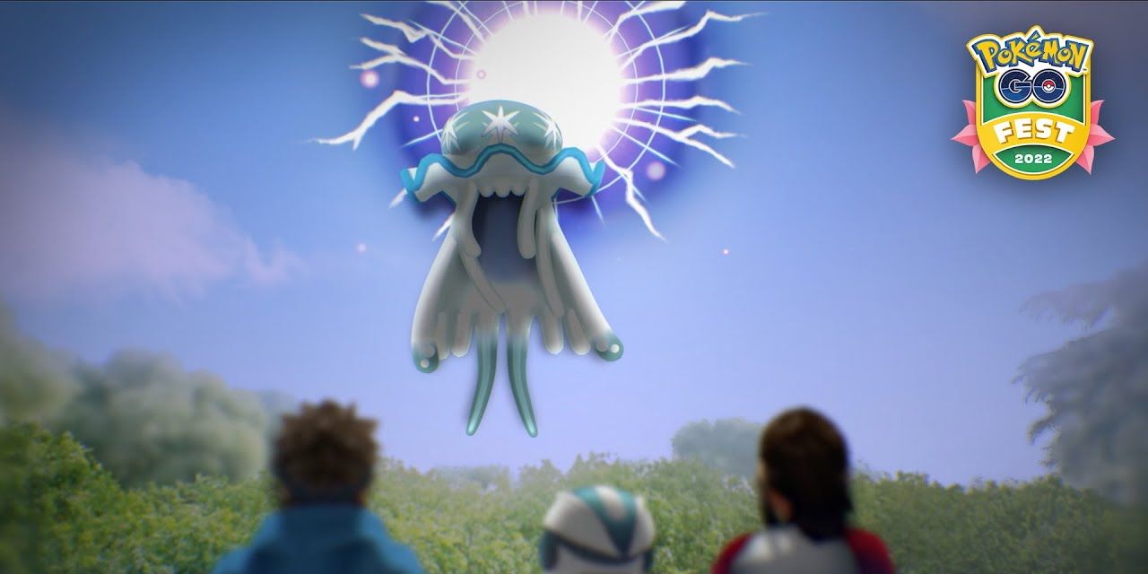 Nihilego in front of an Ultra Wormhole with two Trainers and Rhi looking up at it