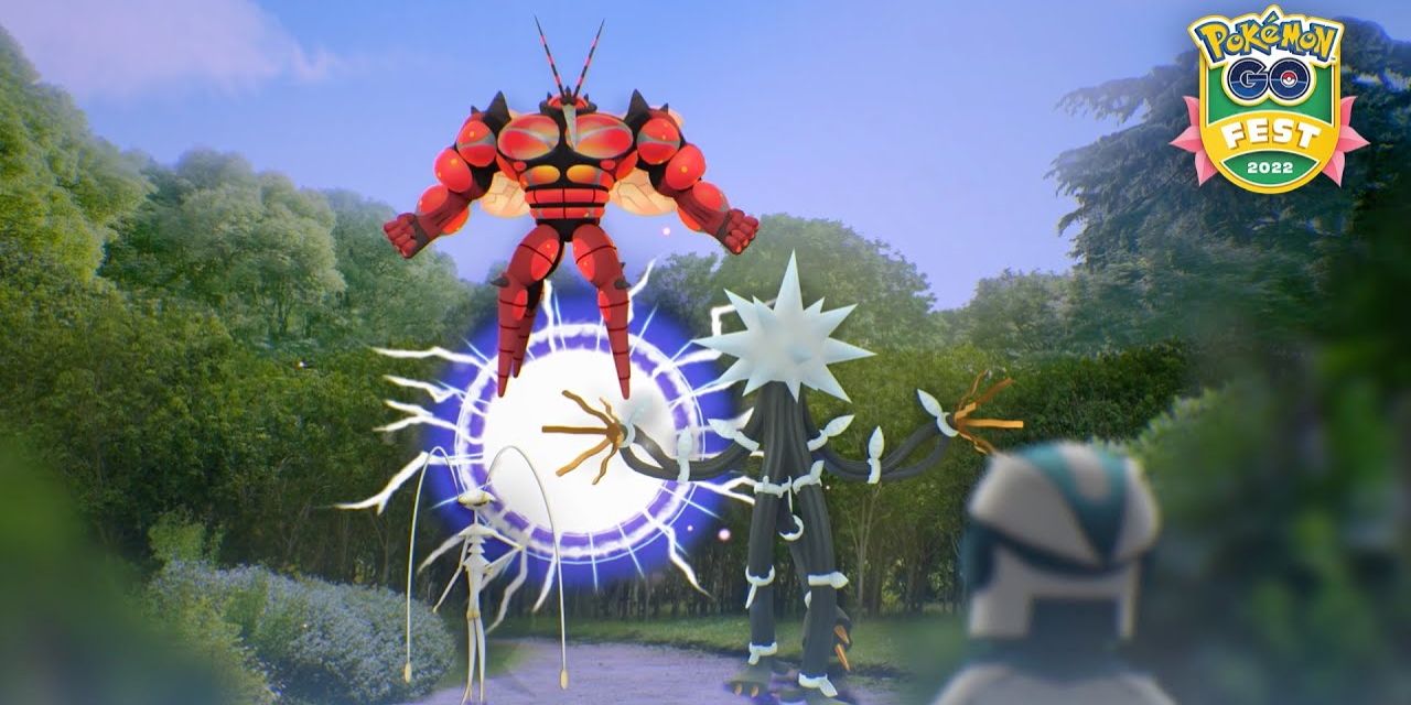 Buzzwole, Pheromosa, and Xurkitree in front of an Ultra Wormhole with a forest background