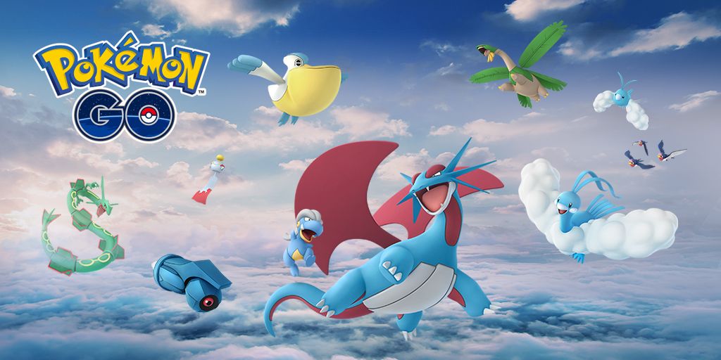 Several Flying-type Pokemon flying in the sky over the cloud, with Salamence in the center