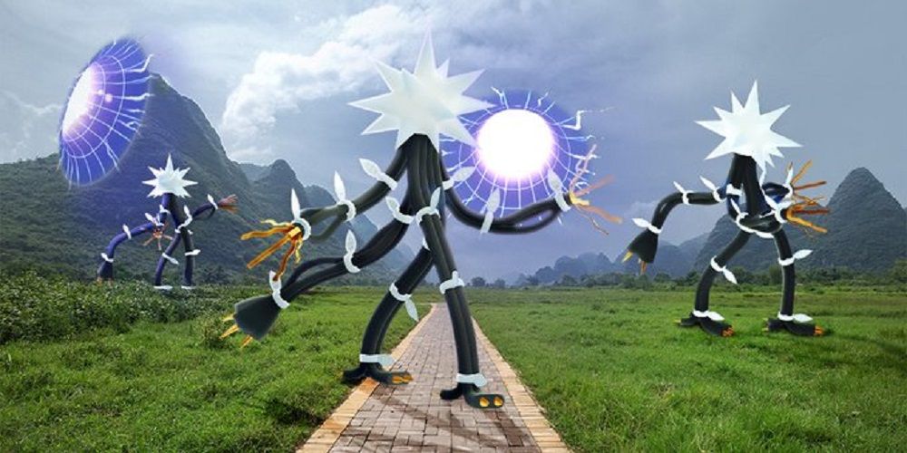 Pokemon Go Ultra Beast: Xurkitree passes through the Ultra Wormholes into an open field.