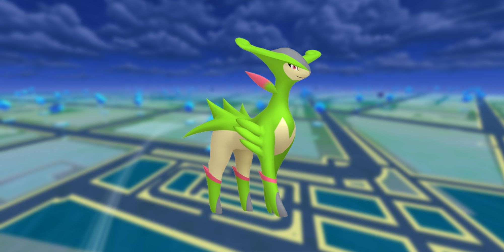 Virizion from Pokemon with the Pokemon Go map as the background