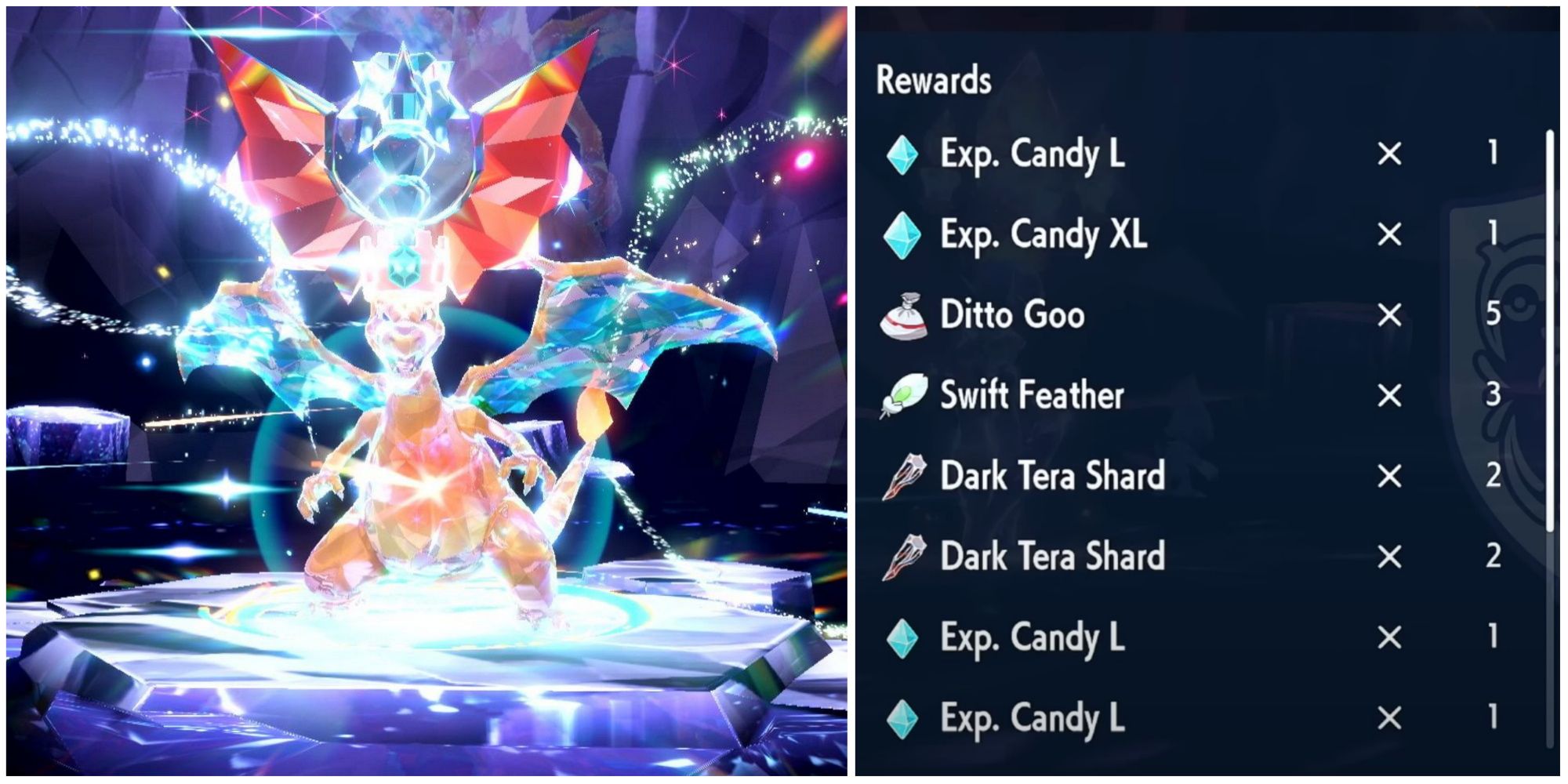 Pokemon Scarlet & Violet: Tera raid battle rewards for finishing a Charizard battle 