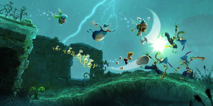 Rayman, Globox, Green Teensy, and Barbara running through a level and fighting enemies in Rayman Legends