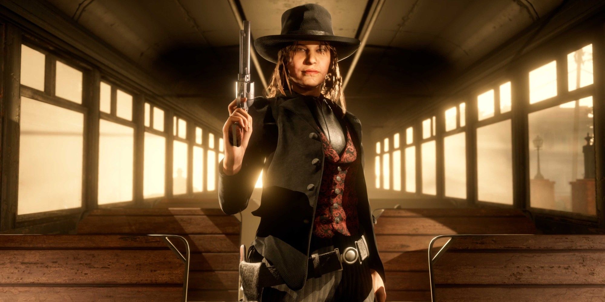 woman in black holding a gun in red dead online