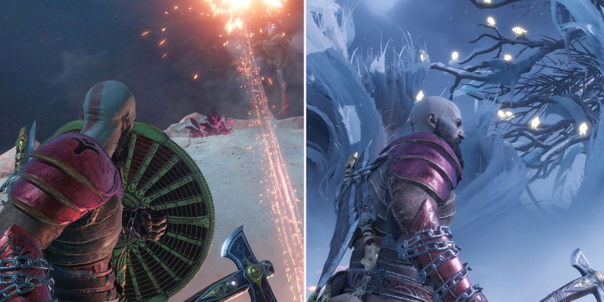 Split image of God of War Ragnarok's Kratos. In the left image, Kratos has his shield up as an enemy attacks an orange projectile to his right. The right image is Kratos looking up at the Raven Tree.