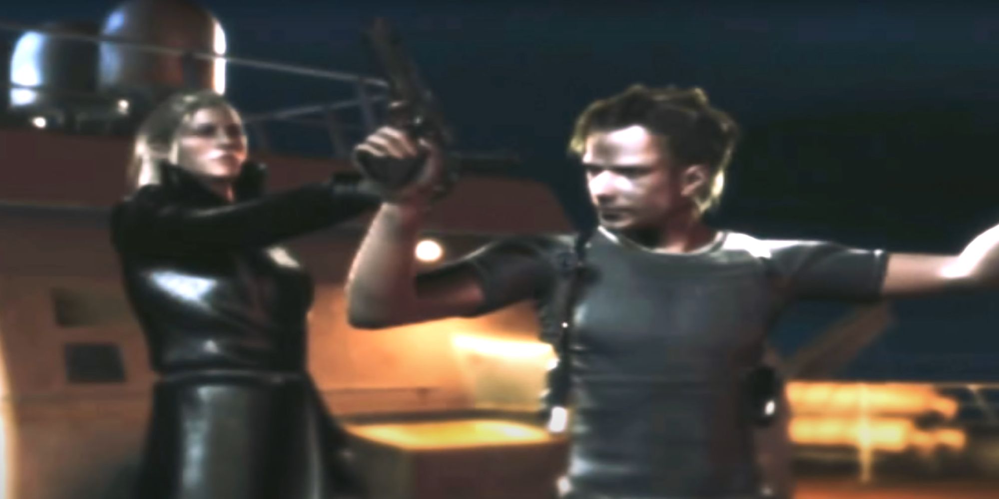 Resident Evil Dead Aim Screenshot Of Opening Cutscene with Morpheus pointing a gun at Bruce, as he has his raised in the air and both hands up.