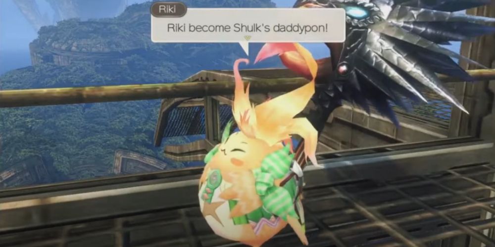Riki saying "Riki become Shulk's Daddypon!' in Xenoblade Chronicles: Definitive Edition.