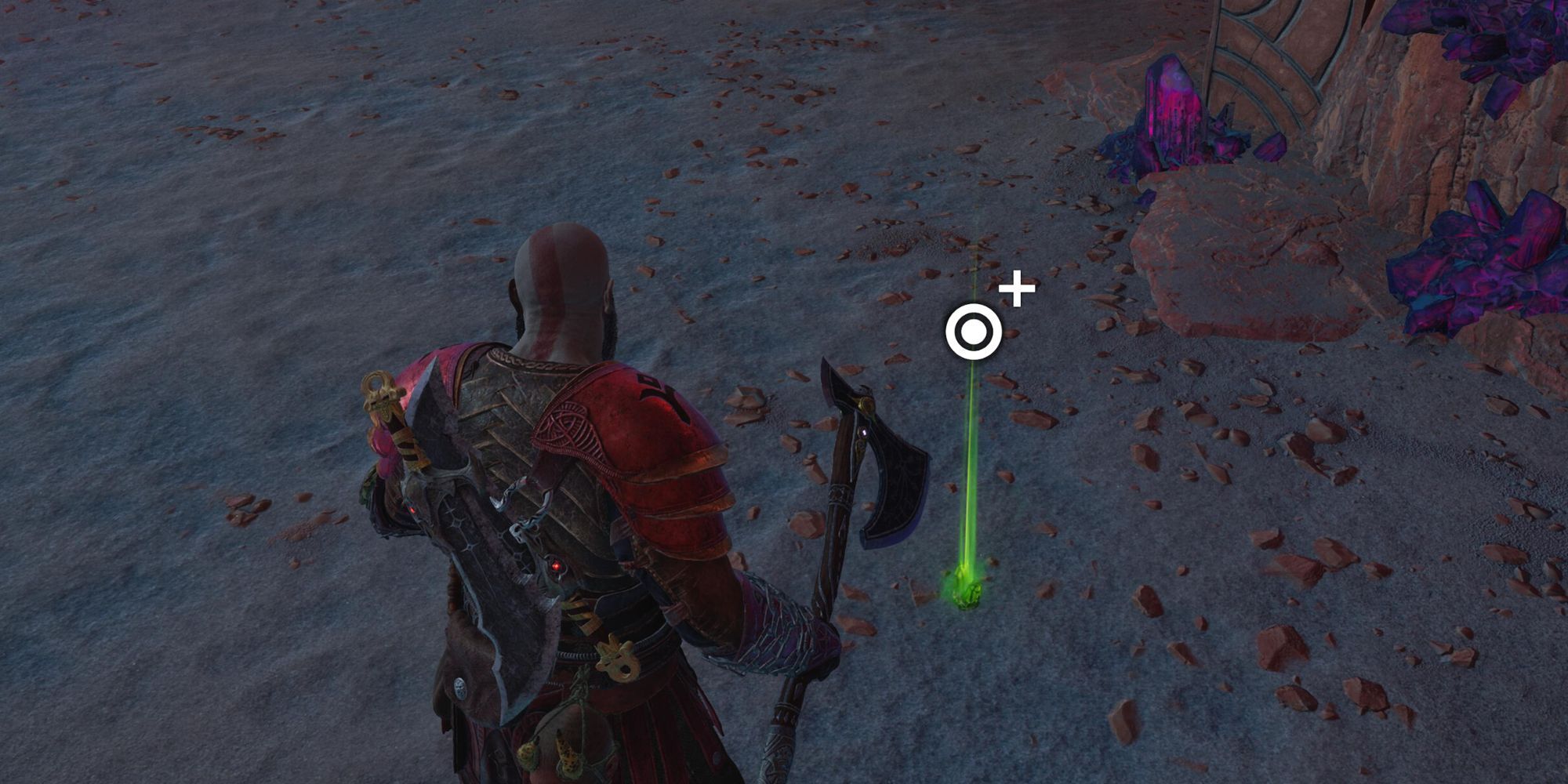 Kratos standing next to an unused health stone in Alfheim.
