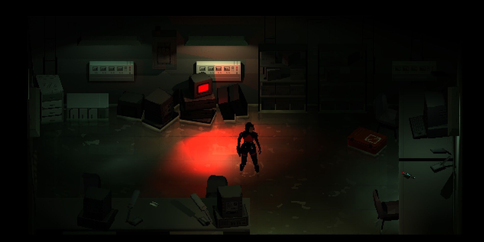 Elster standing in a watery room with a faint red light beneath her.