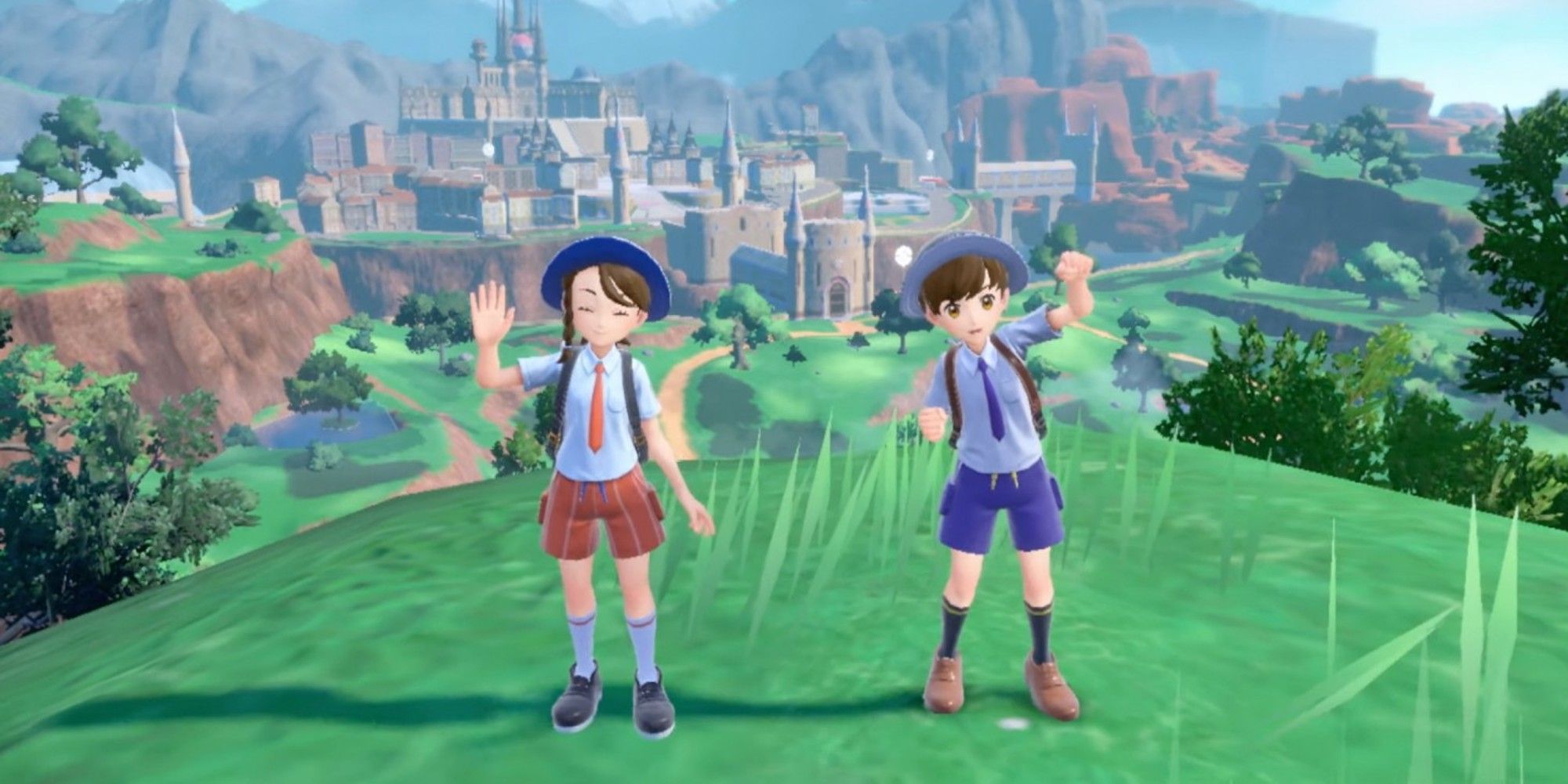 Pokemon scarlet and violet's male and female trainers waving