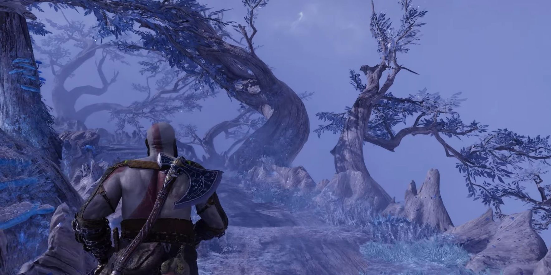 Kratos runs to his next destination along the branch of the surrounding ethereal environment of the World Tree.