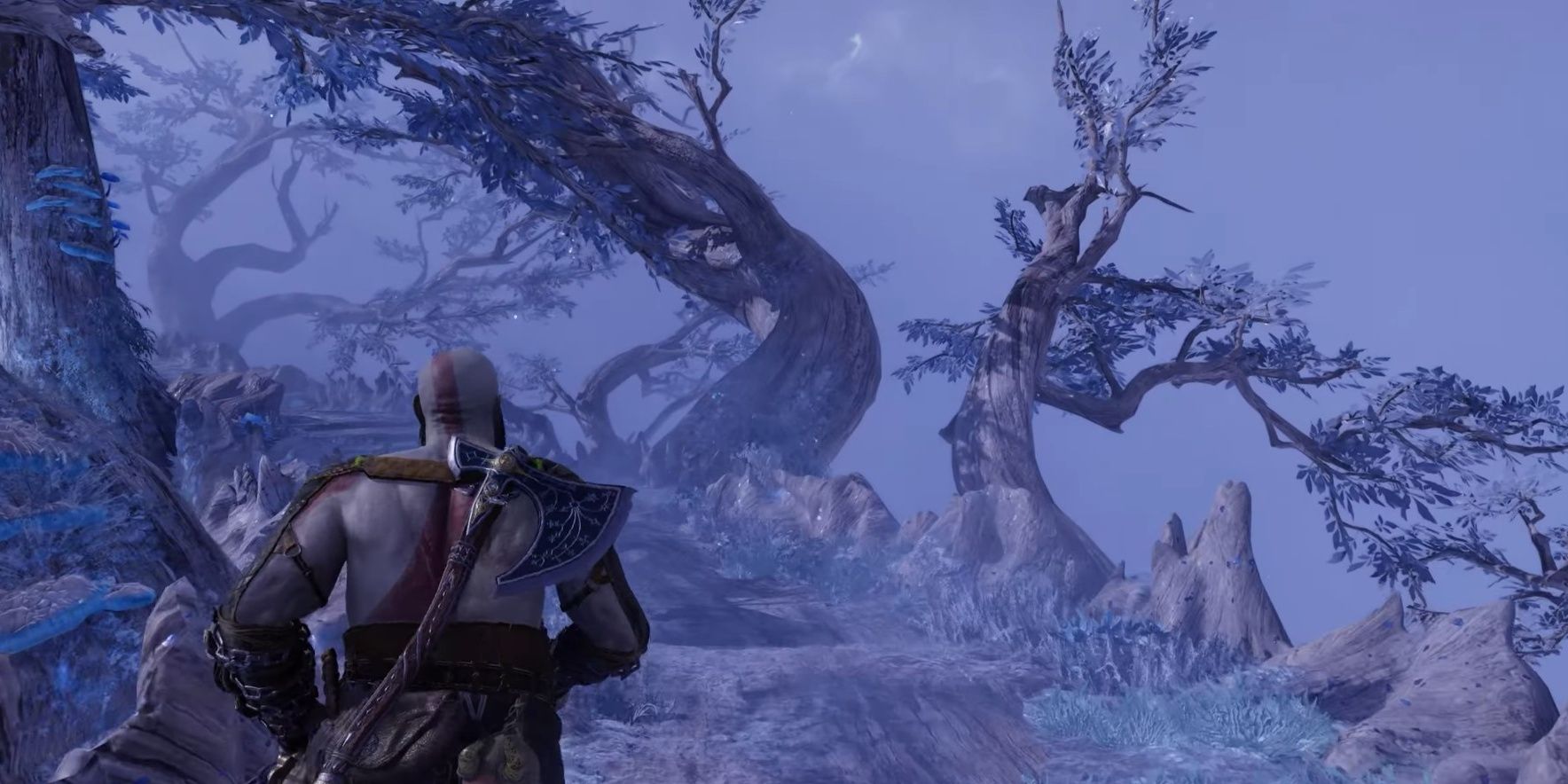 Kratos running to his next destination along the branch of the surrounding ethereal environment of the World Tree.