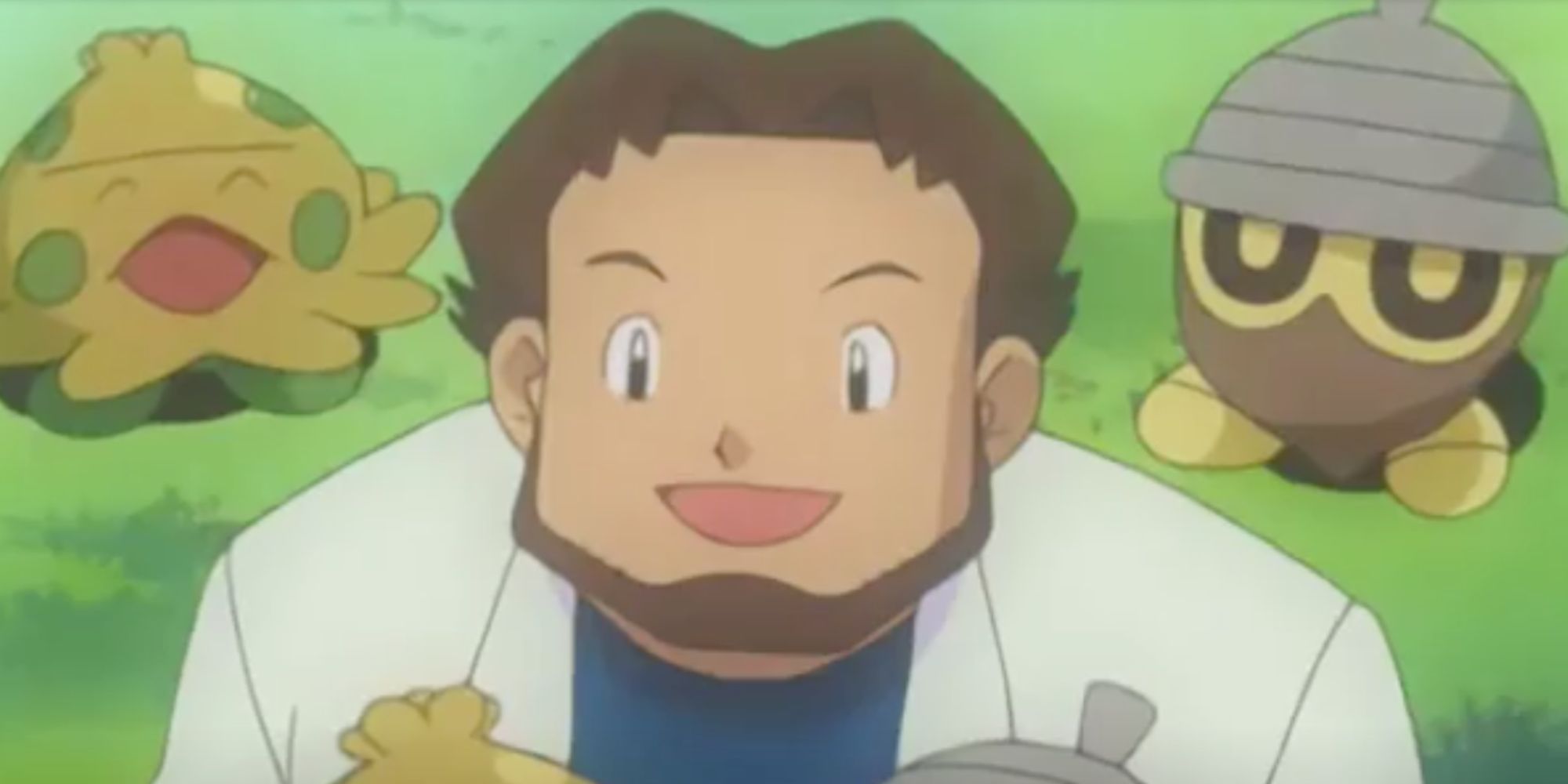 Professor Birch stands in front of a Seedot and Shroomish