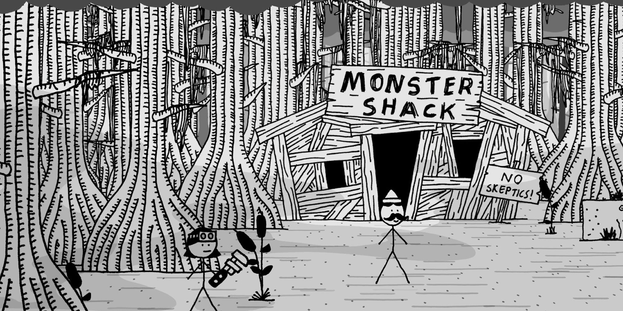 Two stick characters standing near a Monster Shack in Shadows Over Loathing, one holding a wrench. 