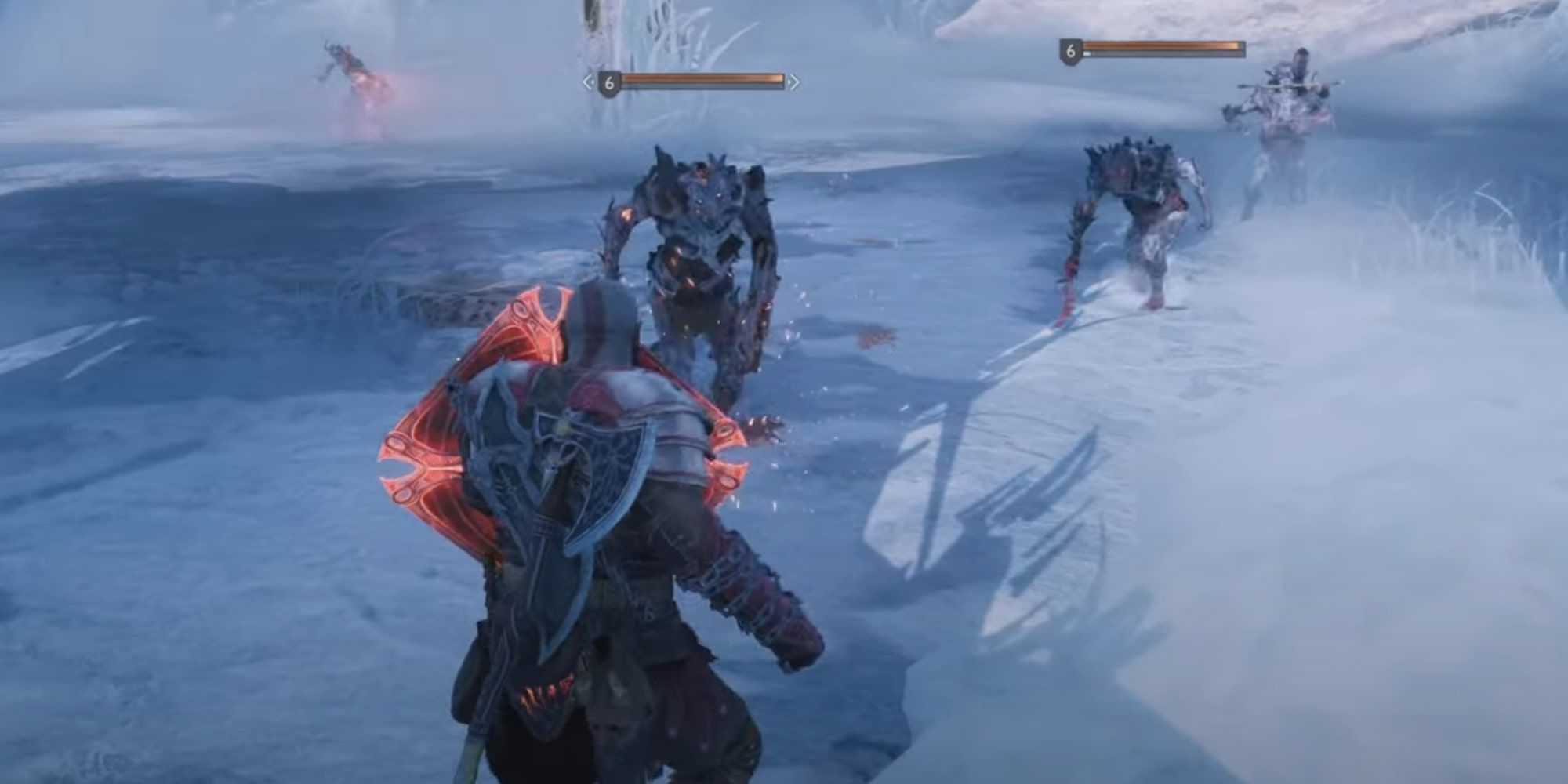 God Of War Ragnarok Shatter Star Shield, Kratos fighting several Draugr