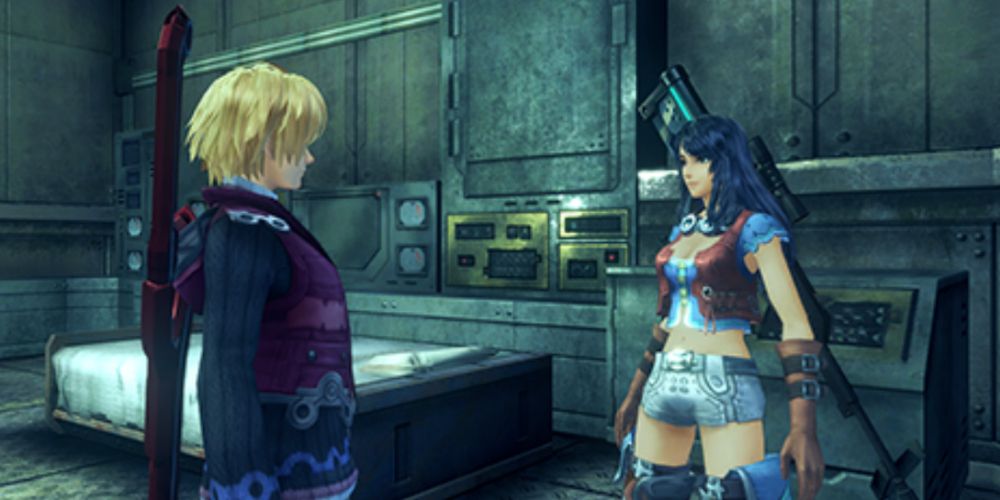 Shulk and Sharla standing opposite each other in Xenoblade Chronicles: Definitive Edition.