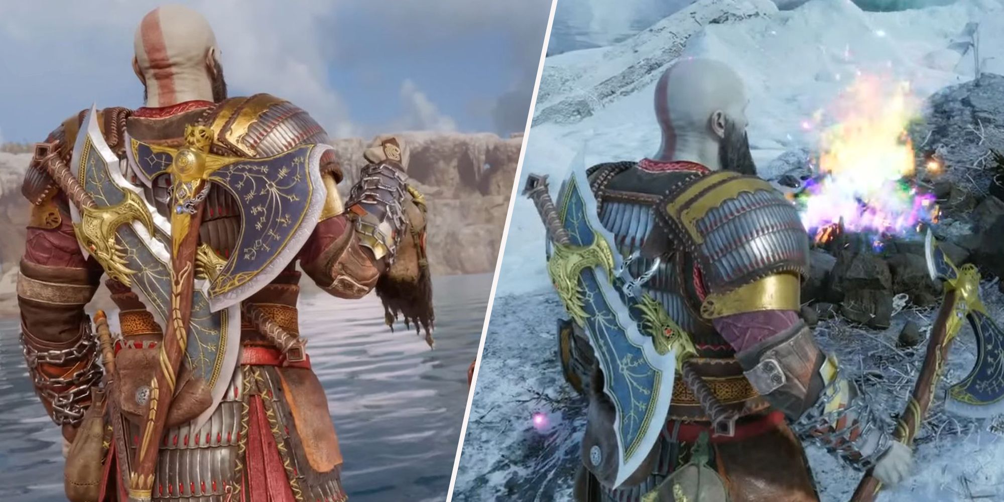 Split image with two photos of Kratos. The left photo is Kratos holding Mimir's head up to something. The right photo is Kratos looking slightly to his right while holding his axe.